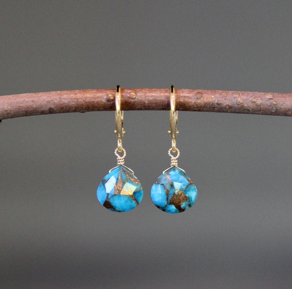 Blue Copper Turquoise Teardrop Earrings on Gold Vermeil Leverback Huggie Hoops