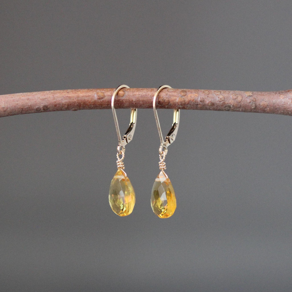 Citrine Quartz Teardrop Dangle Earrings in Gold Filled with Leverback Earwires