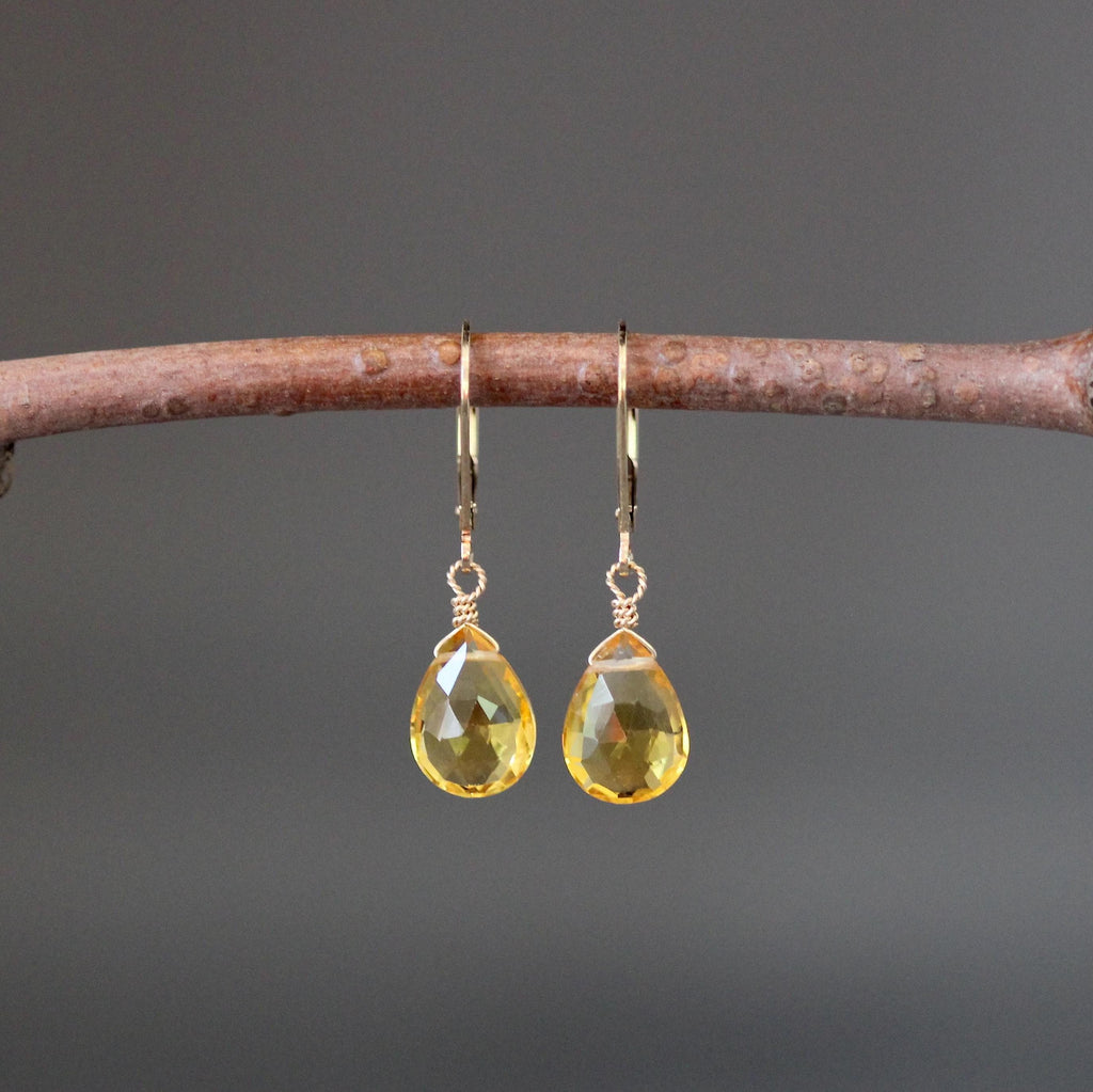 Citrine Quartz Teardrop Dangle Earrings in Gold Filled with Leverback Earwires