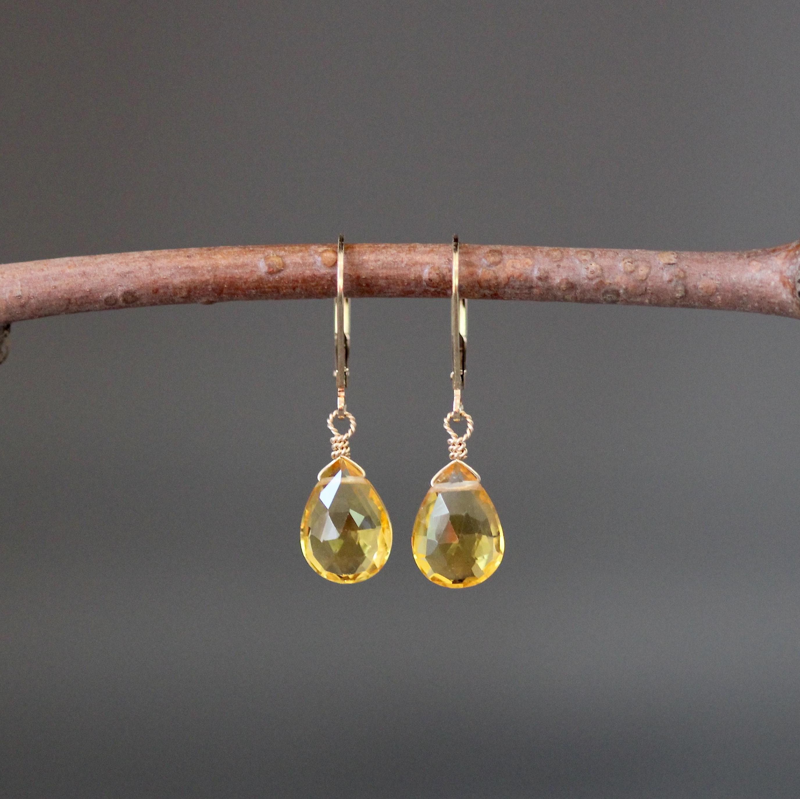 Citrine Quartz Teardrop Dangle Earrings in Gold Filled with Leverback Earwires