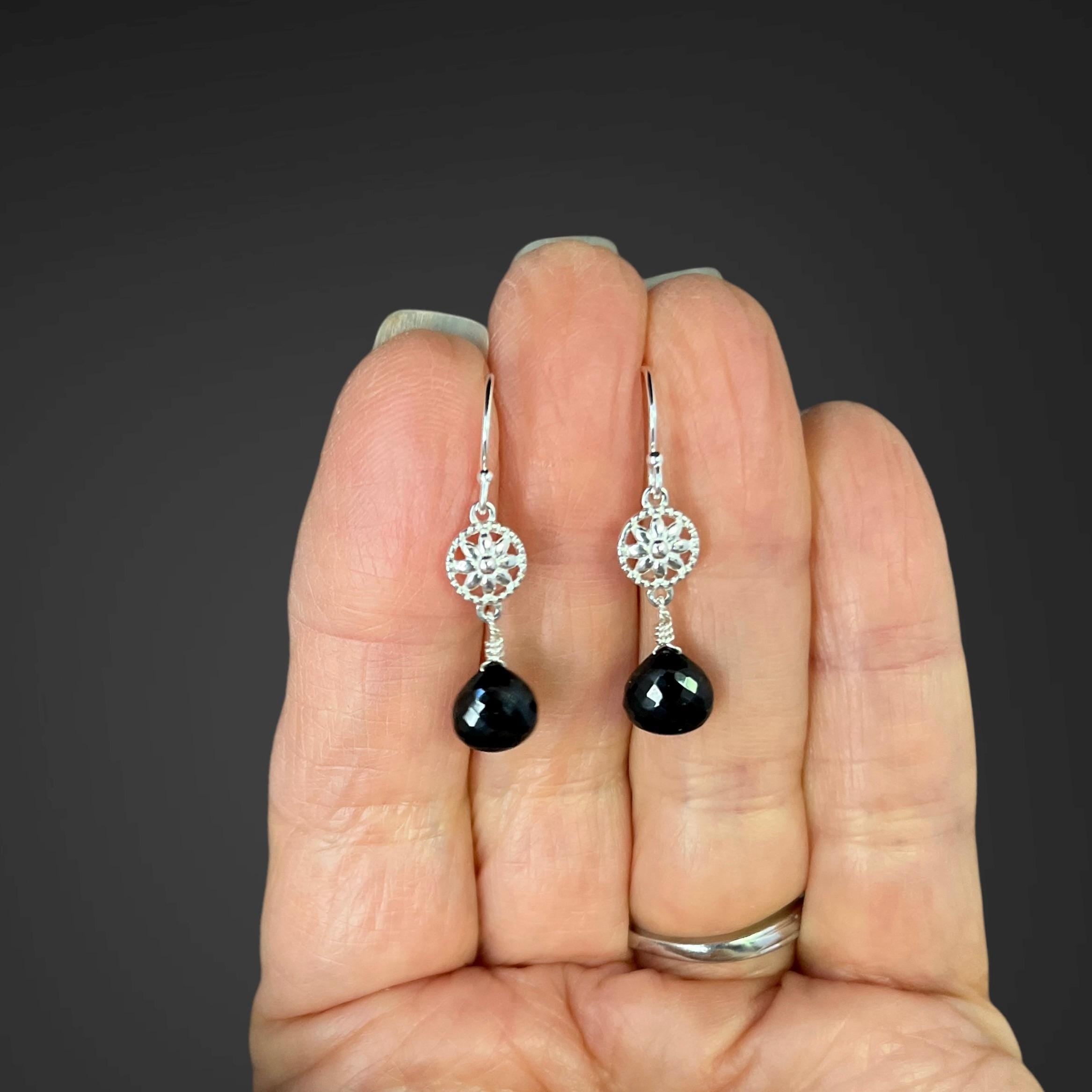 Black Spinel and Sterling Silver Bali Flower Link Dangle Earrings