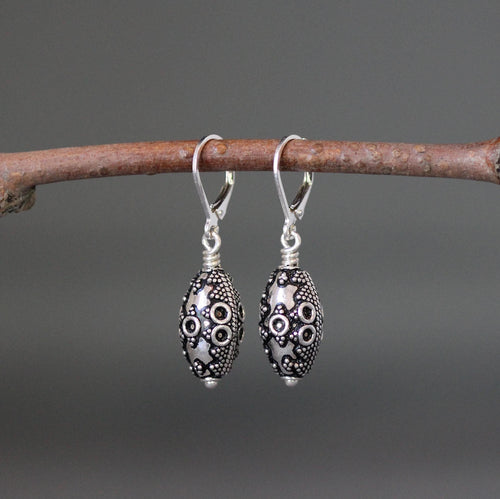 Sterling silver filigree bead dangle earrings, oval ornate drops, leverback earwires