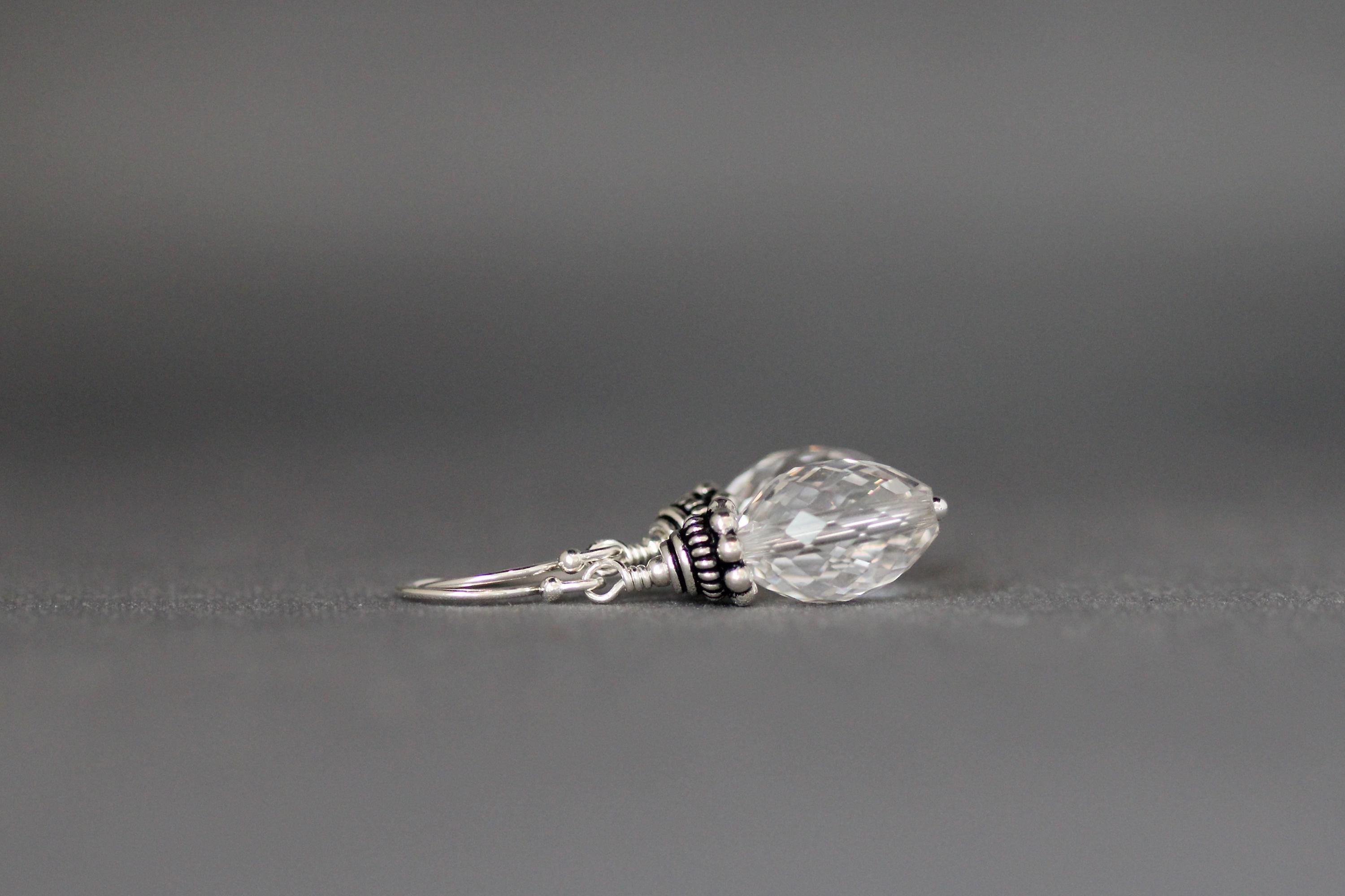 Quartz Crystal Barrel and Bali Sterling Silver Dangle Earrings