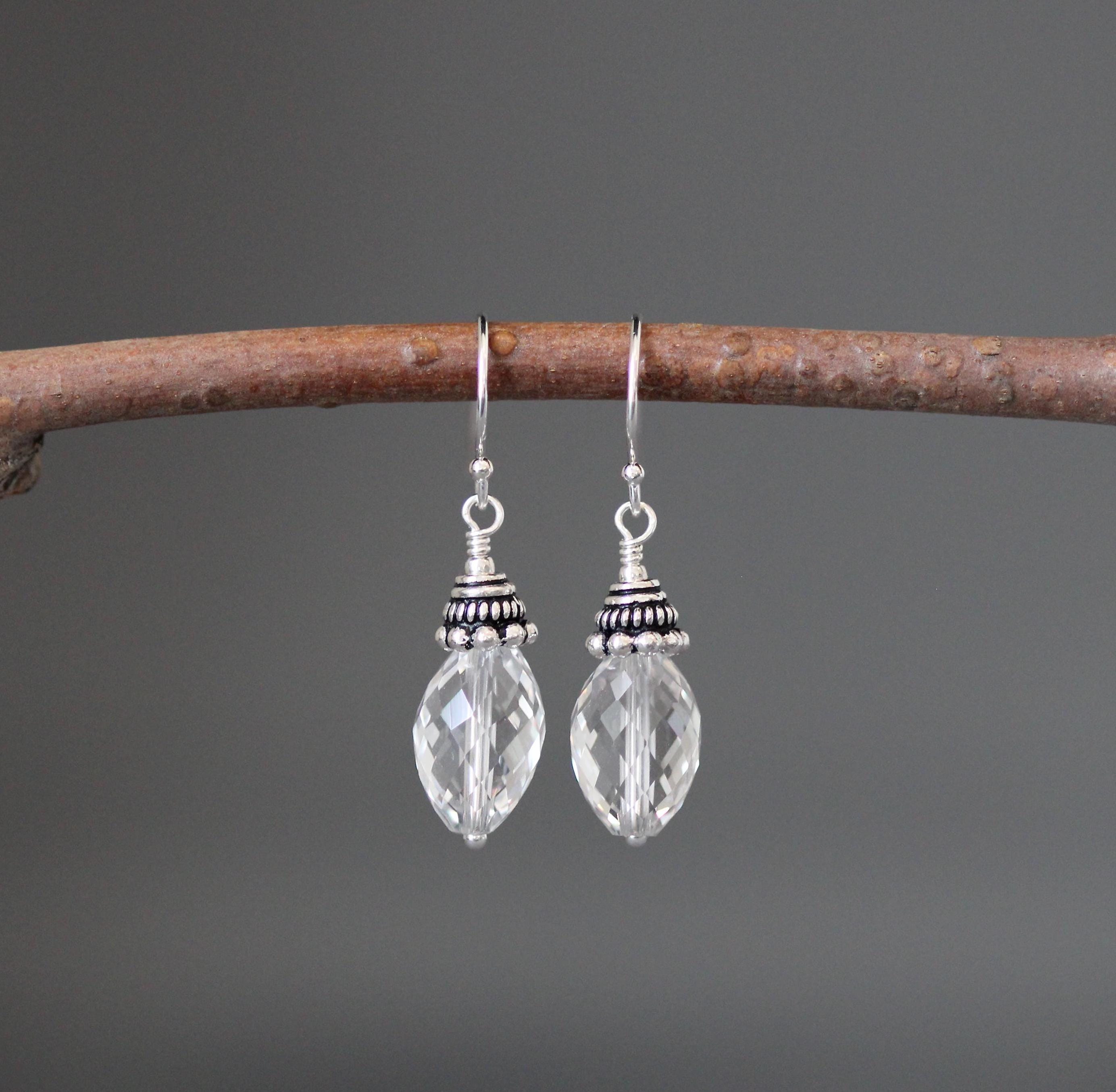 Quartz Crystal Barrel and Bali Sterling Silver Dangle Earrings