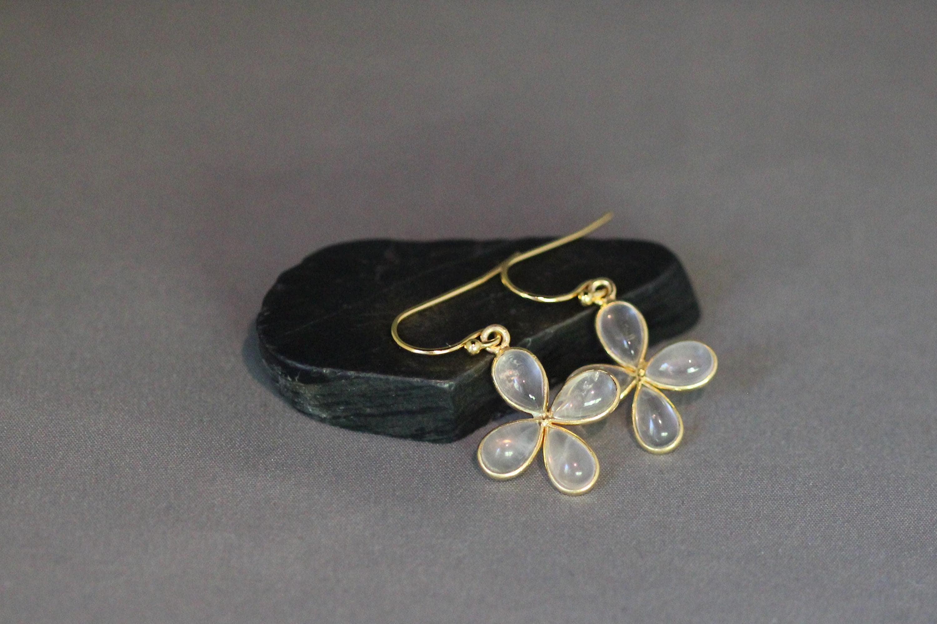 Rose Quartz Teardrop in Gold Vermeil Flower Charm Earrings