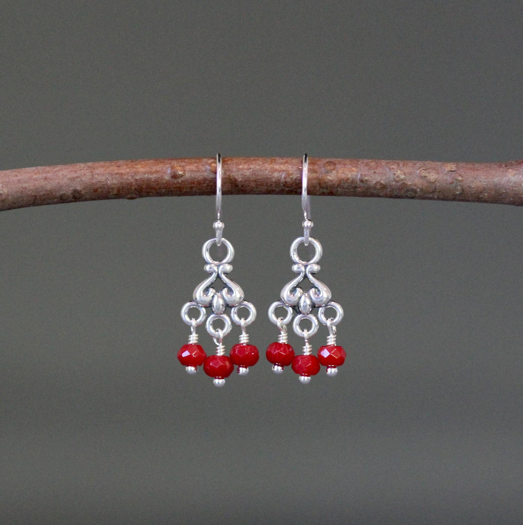 Red Coral and Sterling Silver Bali Chandelier Dangle Earrings