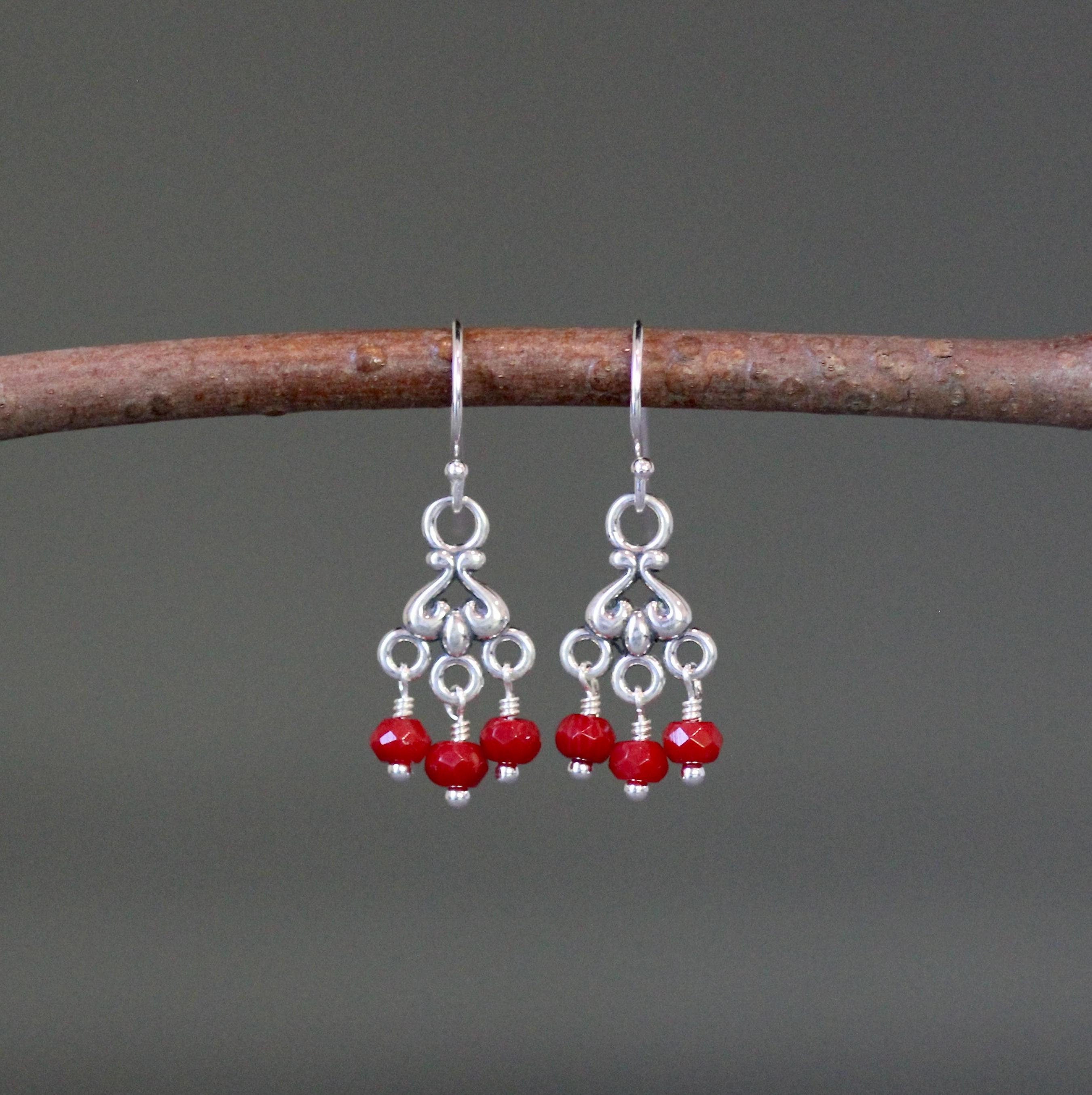 Red Coral and Sterling Silver Bali Chandelier Dangle Earrings