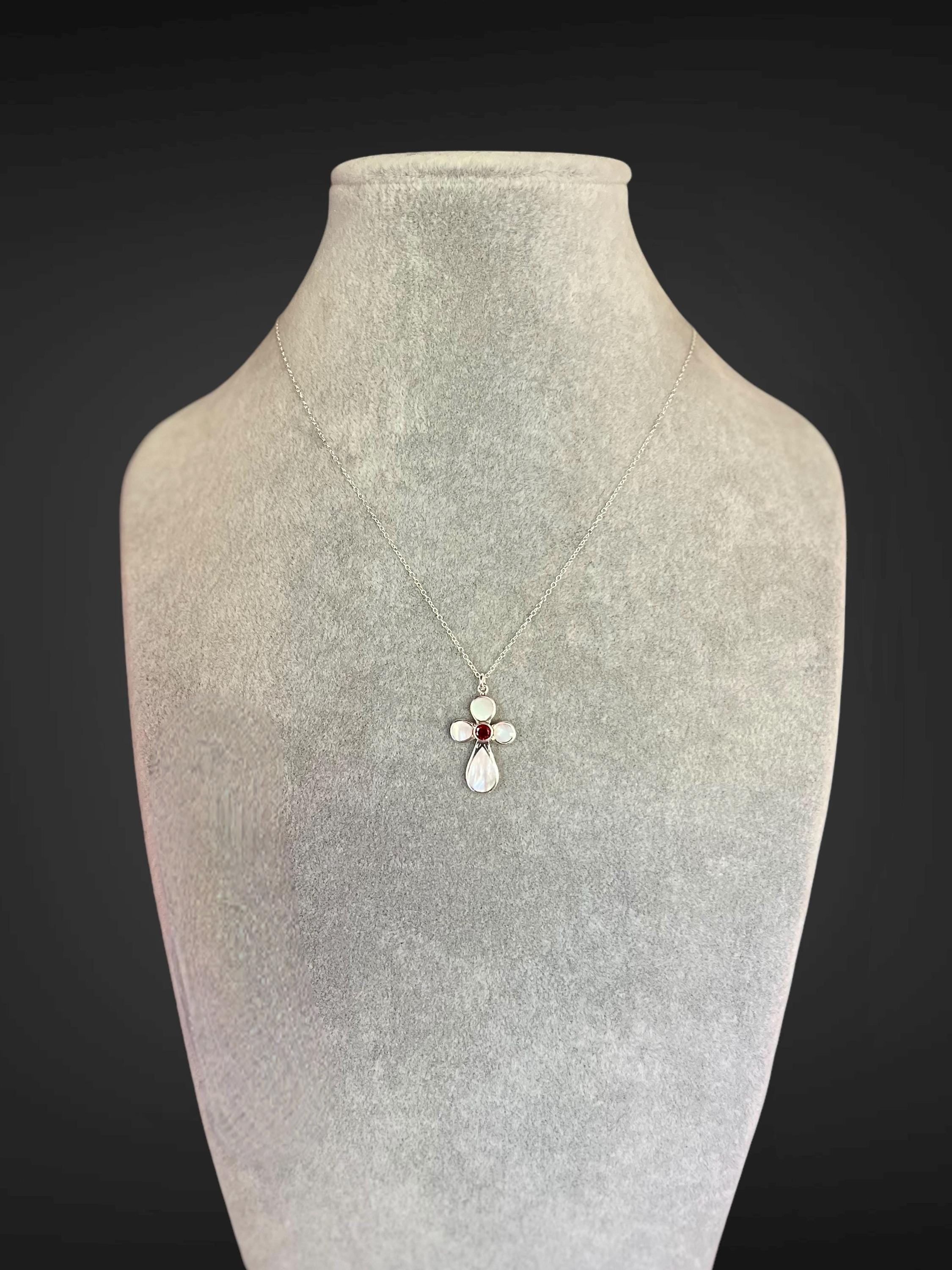 Garnet and Mother of Pearl Bali Sterling Silver Cross Pendant Necklace