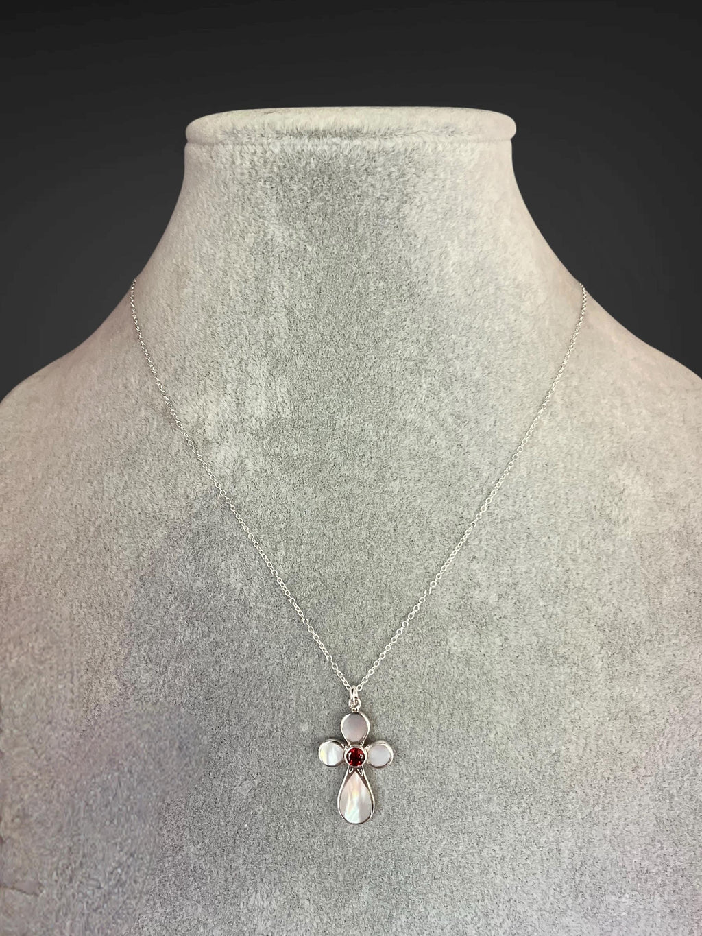 Garnet and Mother of Pearl Bali Sterling Silver Cross Pendant Necklace