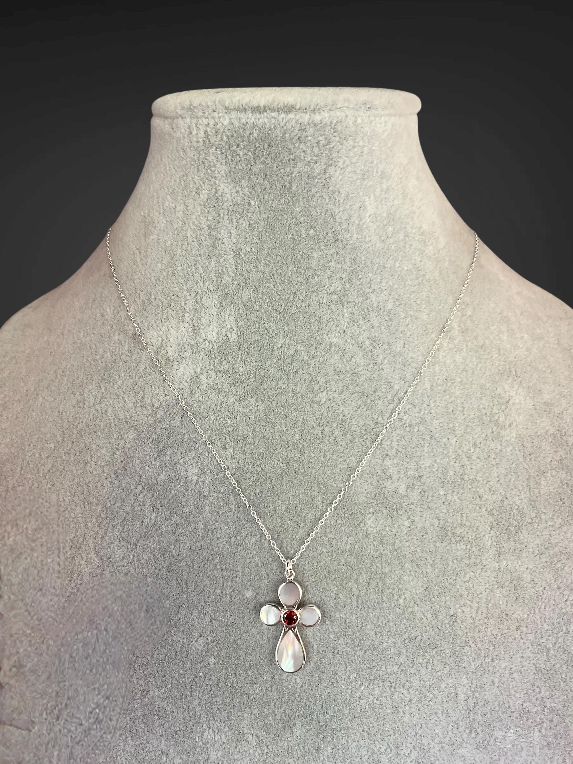 Garnet and Mother of Pearl Bali Sterling Silver Cross Pendant Necklace