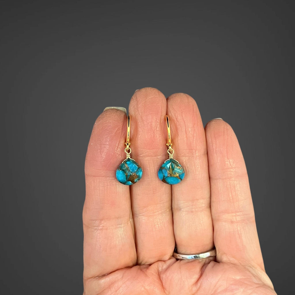 Blue Copper Turquoise Teardrop Earrings on Gold Vermeil Leverback Huggie Hoops