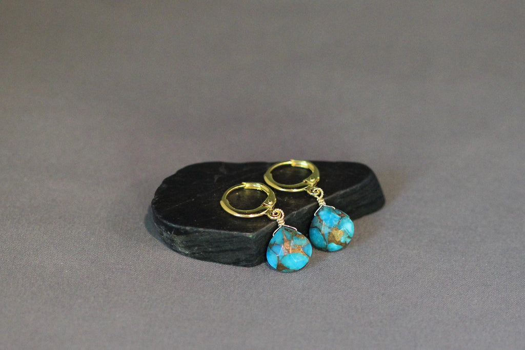 Blue Copper Turquoise Teardrop Earrings on Gold Vermeil Leverback Huggie Hoops