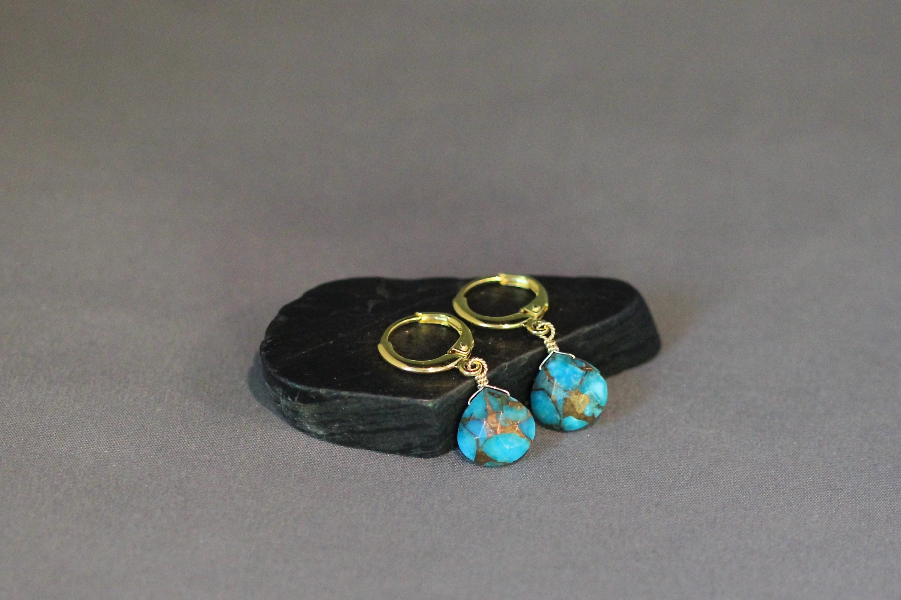 Blue Copper Turquoise Teardrop Earrings on Gold Vermeil Leverback Huggie Hoops