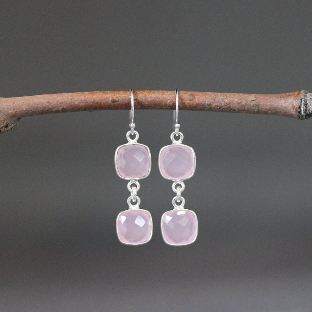 Rose Quartz Linked Square Bezel Dangle Earrings in Sterling Silver