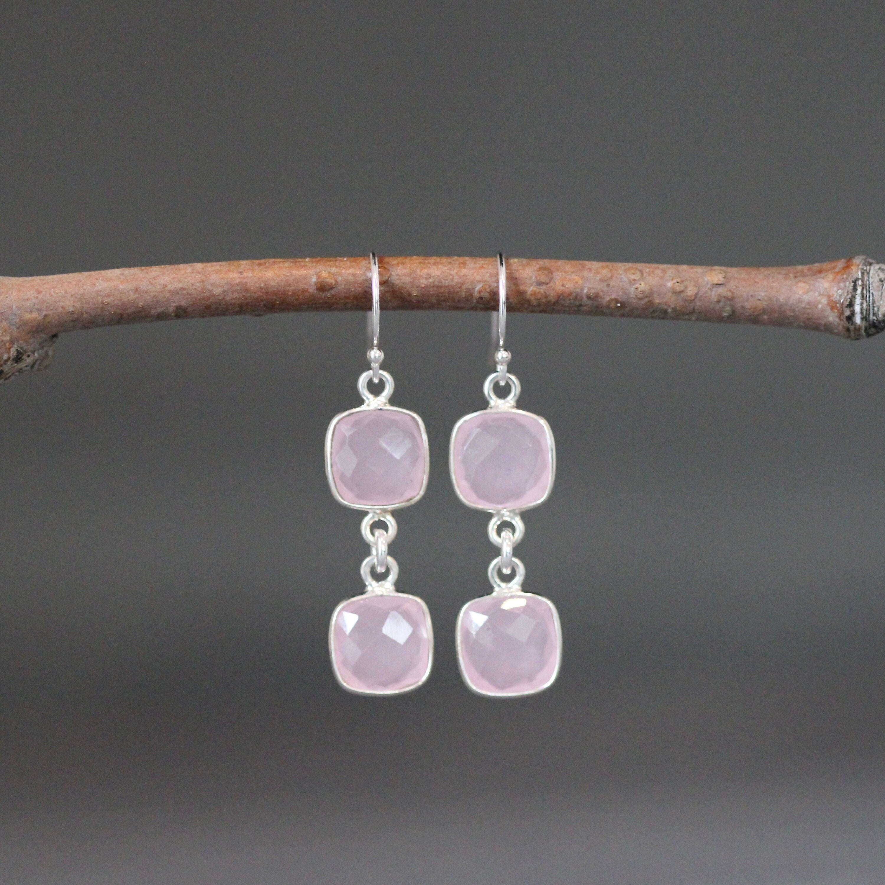 Rose Quartz Linked Square Bezel Dangle Earrings in Sterling Silver