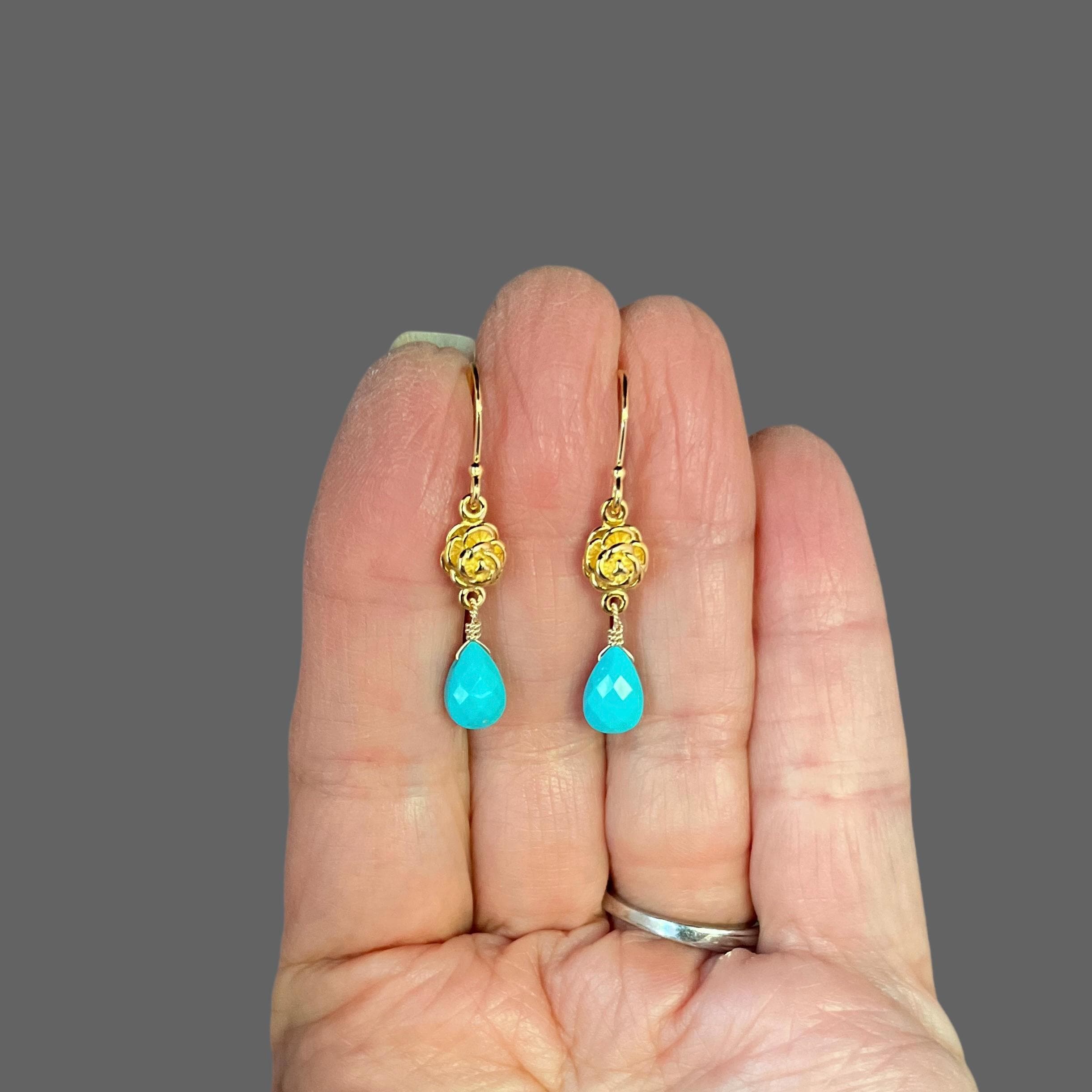Blue Turquoise Teardrop Earrings on Gold Vermeil Flower Links