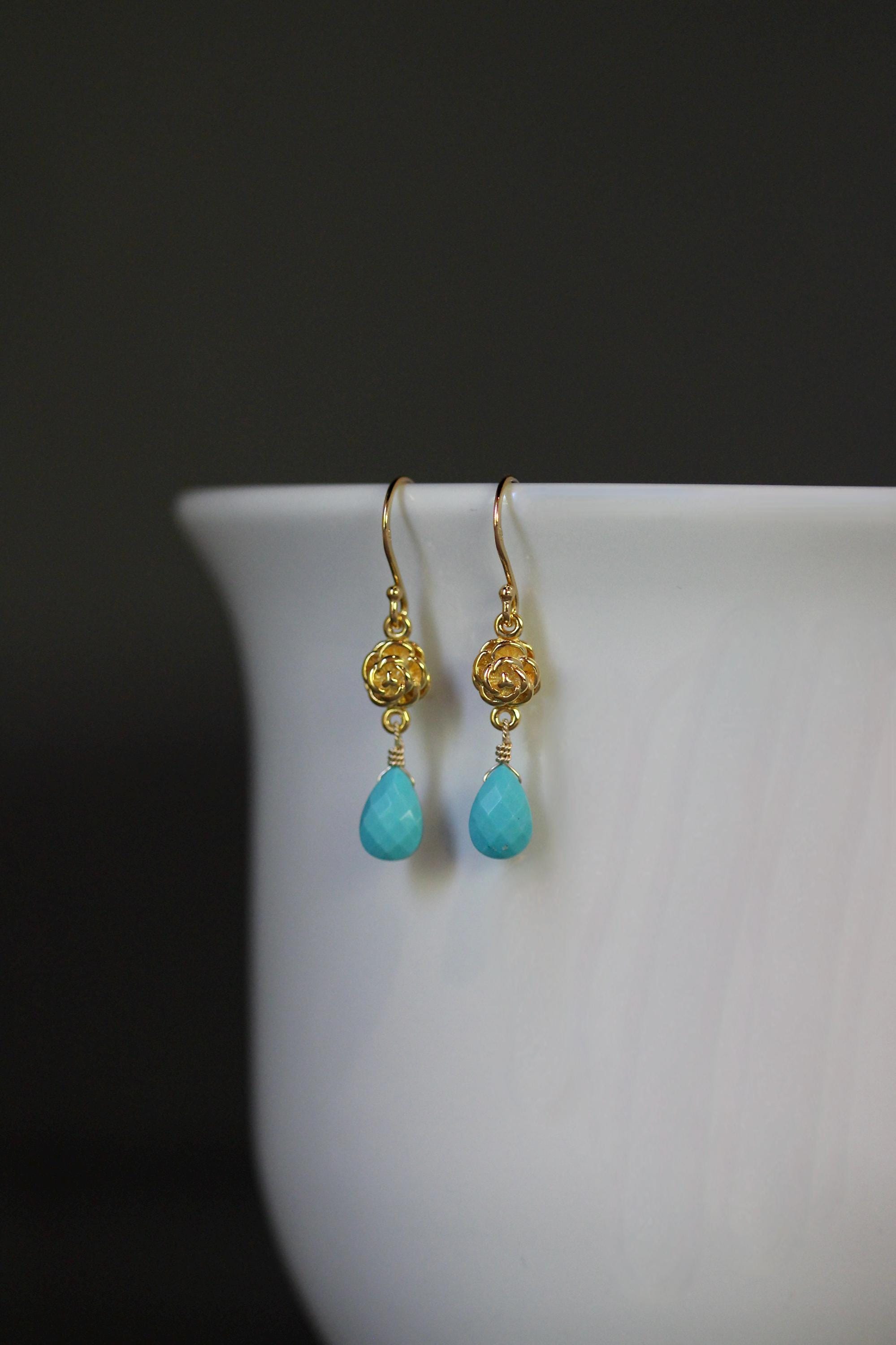 Blue Turquoise Teardrop Earrings on Gold Vermeil Flower Links