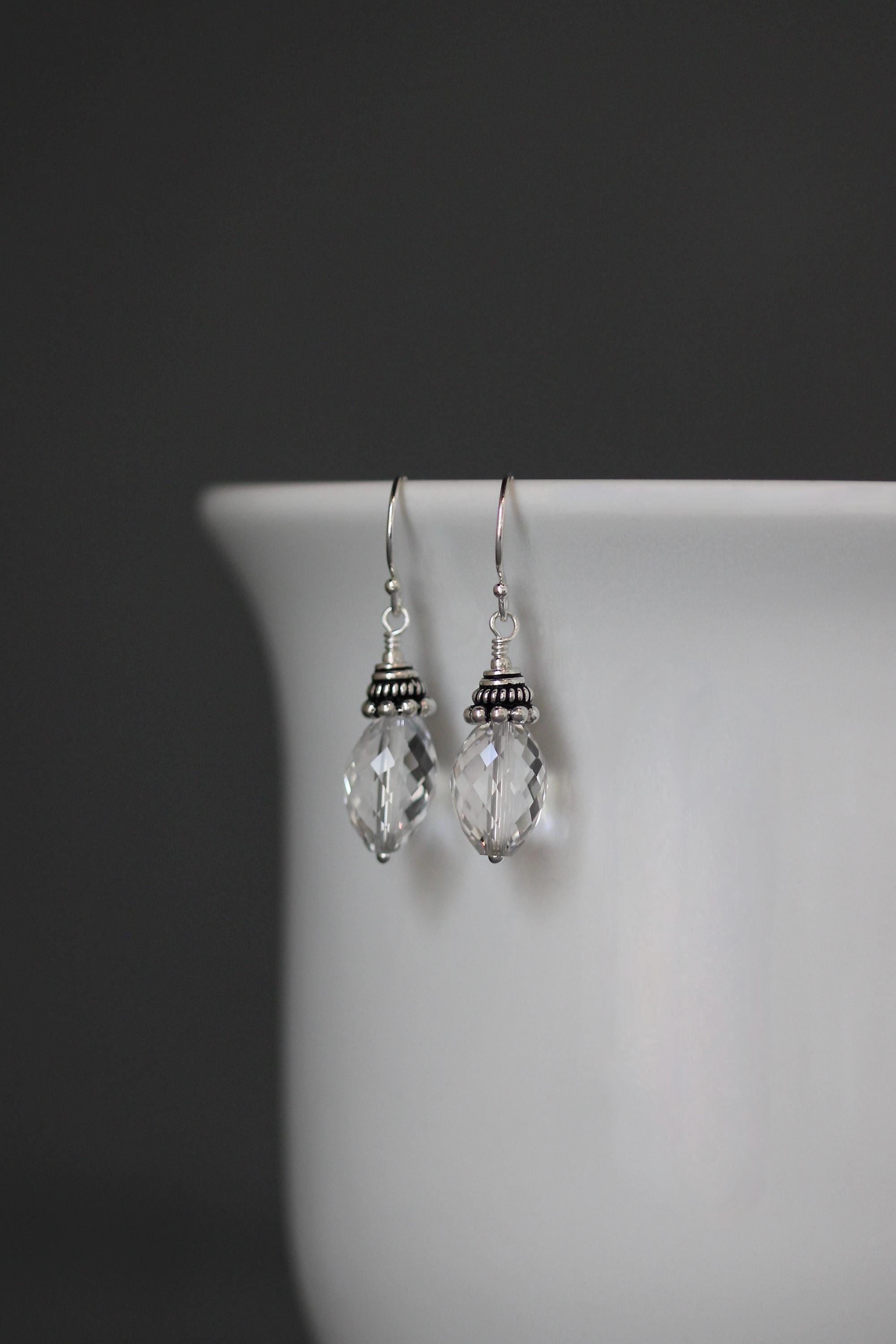 Quartz Crystal Barrel and Bali Sterling Silver Dangle Earrings