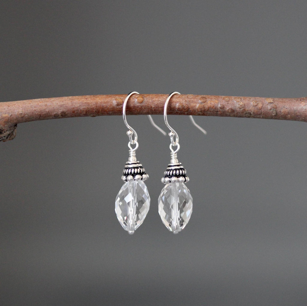 Quartz Crystal Barrel and Bali Sterling Silver Dangle Earrings