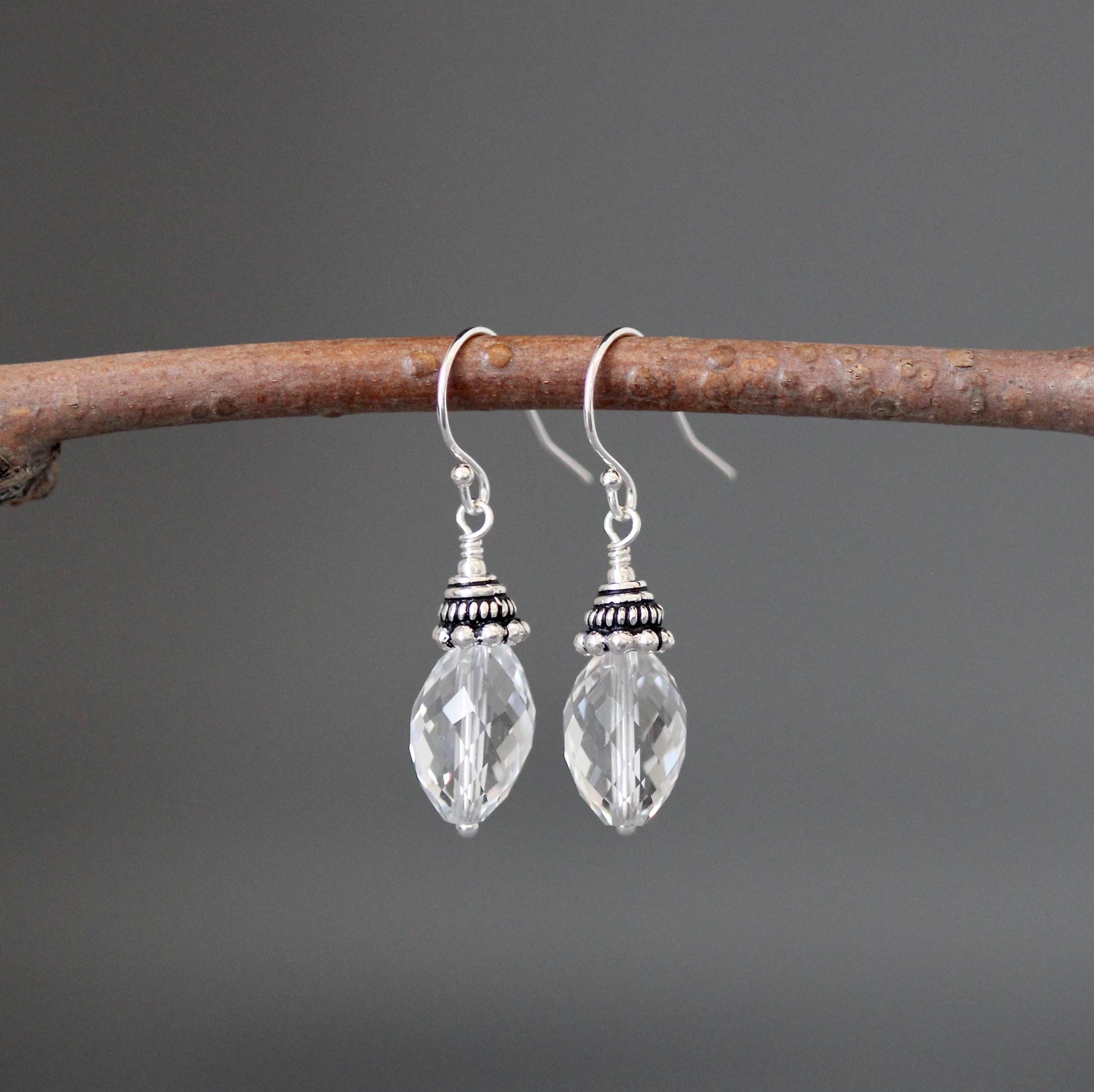 Quartz Crystal Barrel and Bali Sterling Silver Dangle Earrings
