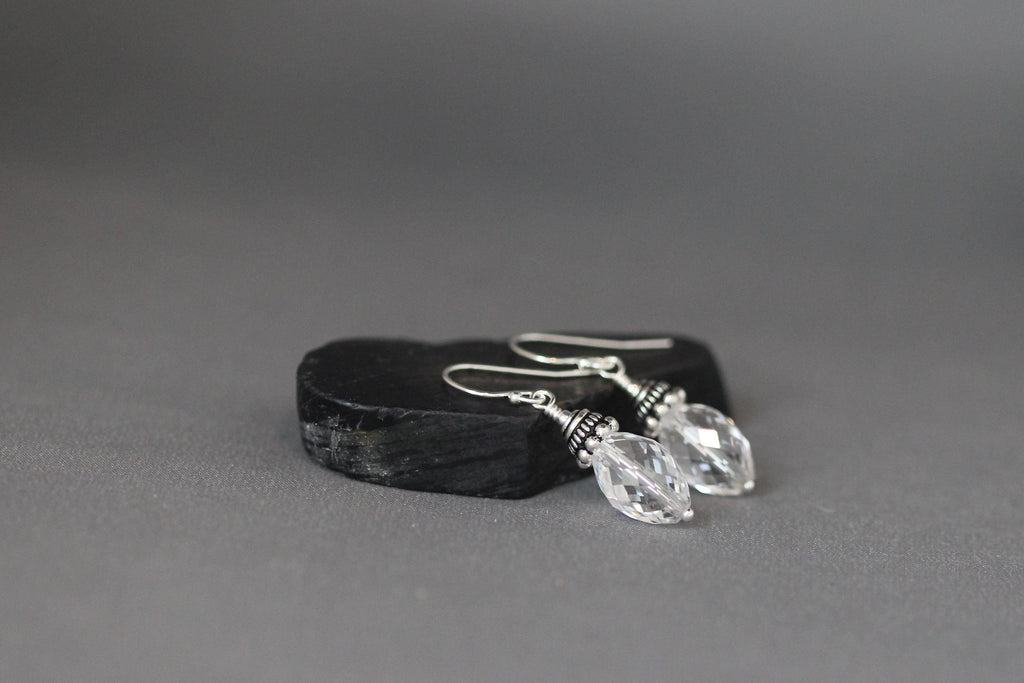 Quartz Crystal Barrel and Bali Sterling Silver Dangle Earrings
