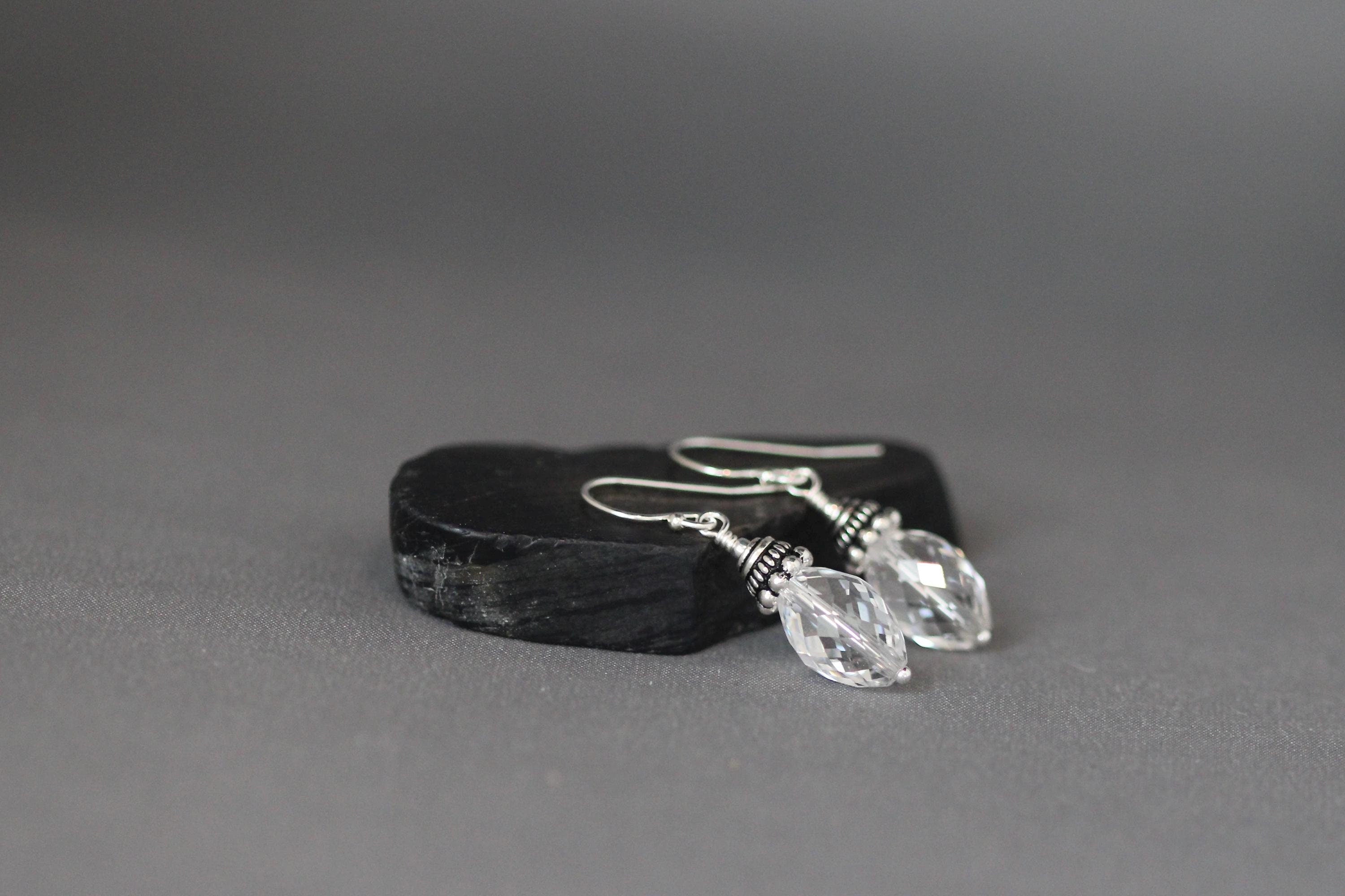 Quartz Crystal Barrel and Bali Sterling Silver Dangle Earrings
