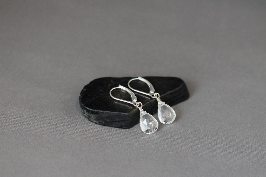 Clear Quartz Teardrop Dangle Earrings on Sterling Silver Leverbacks
