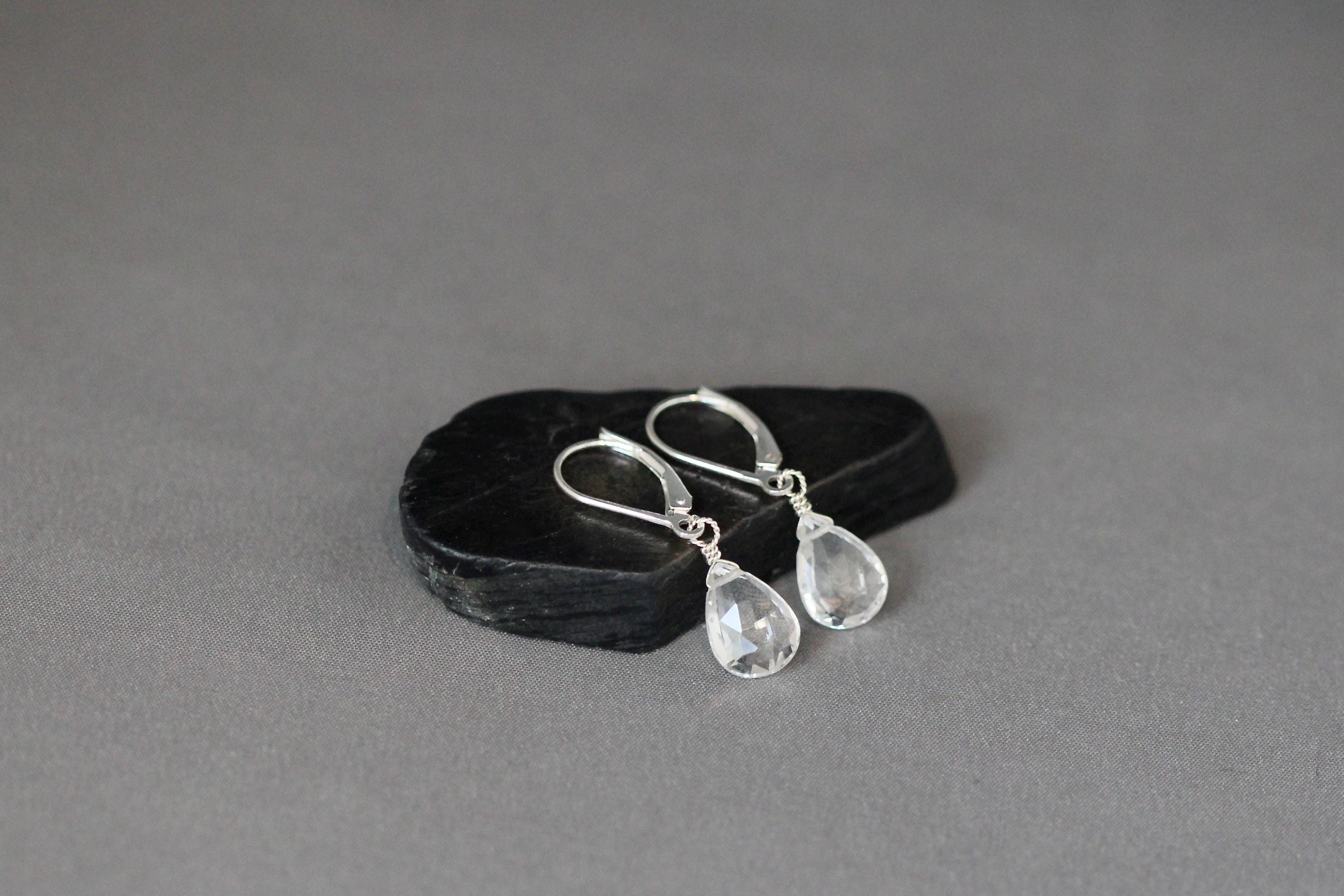 Clear Quartz Teardrop Dangle Earrings on Sterling Silver Leverbacks