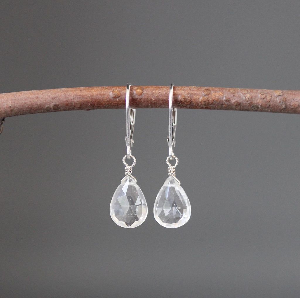 Clear Quartz Teardrop Dangle Earrings on Sterling Silver Leverbacks