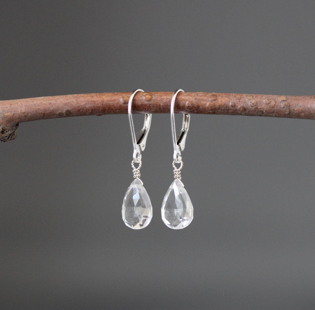 Clear Quartz Teardrop Dangle Earrings on Sterling Silver Leverbacks