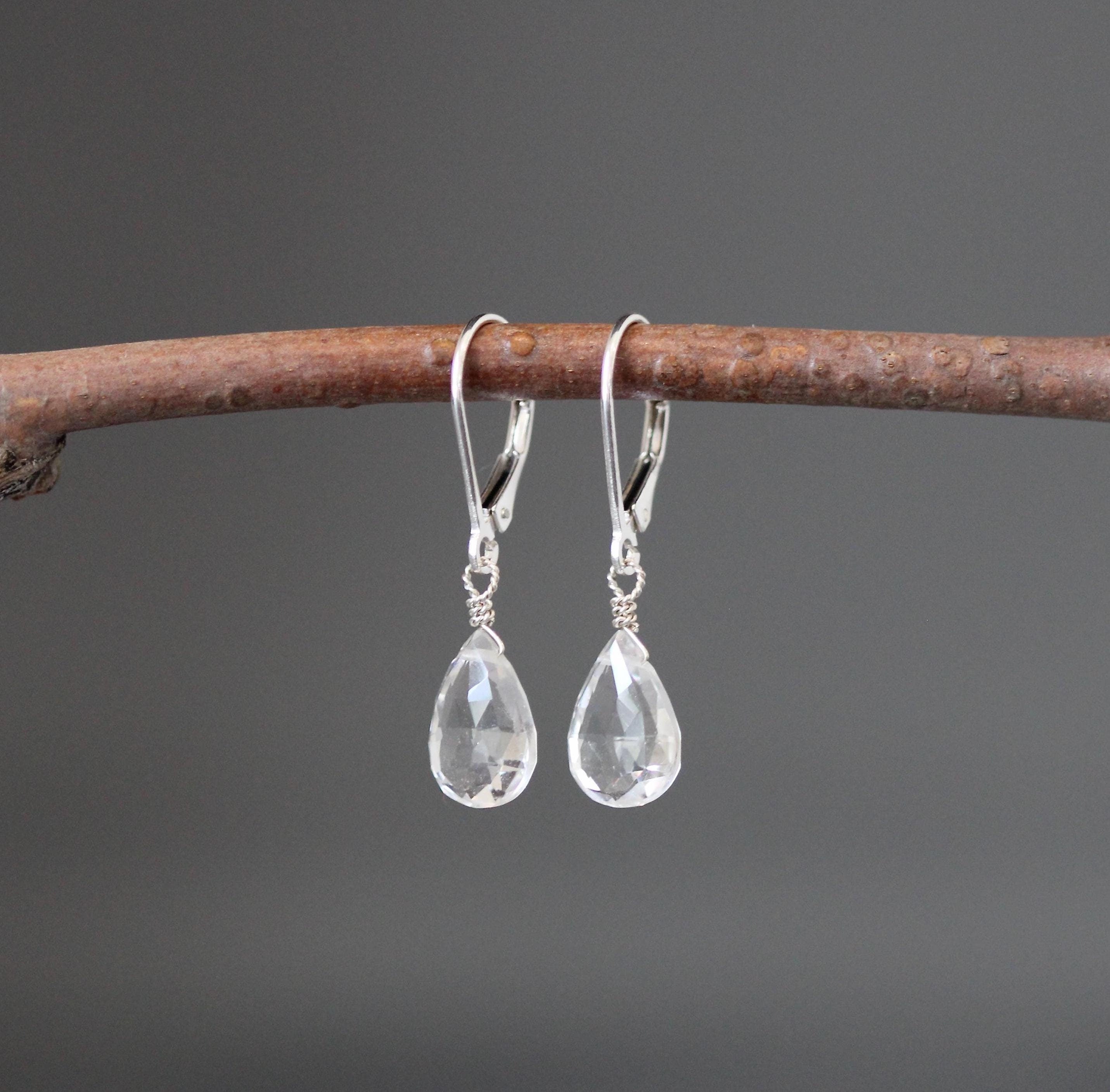 Clear Quartz Teardrop Dangle Earrings on Sterling Silver Leverbacks