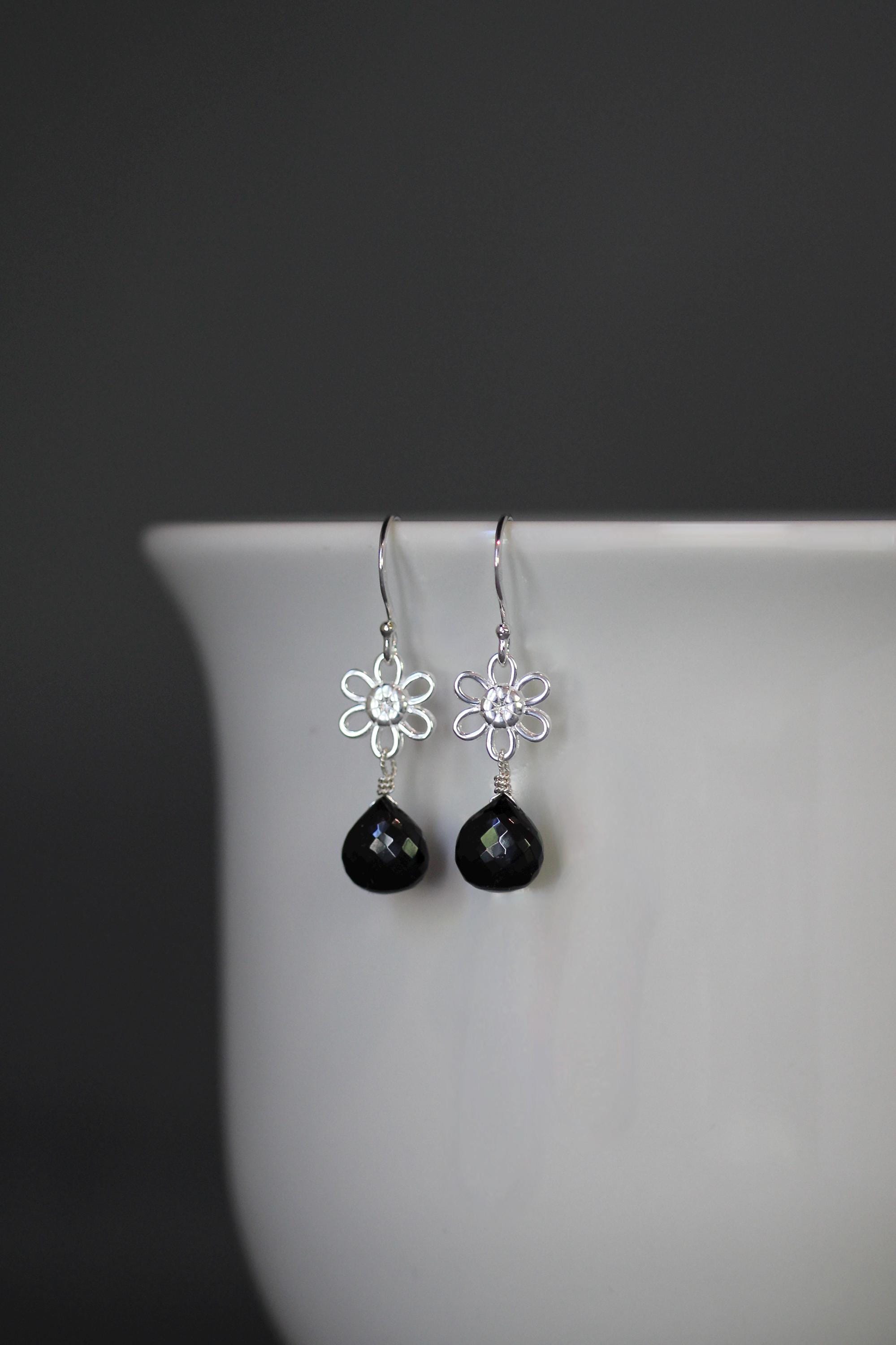 Black Spinel Teardrop Earrings on Bali Sterling Silver Flower Links