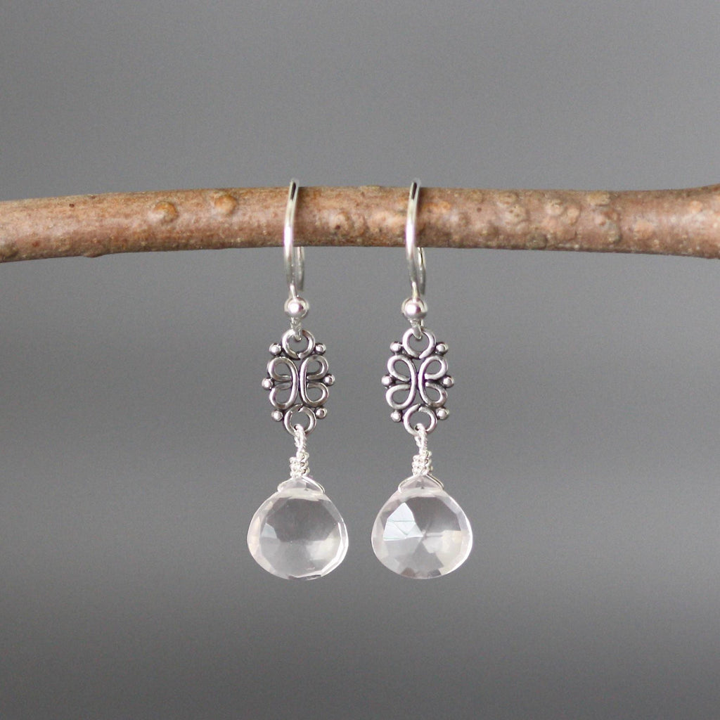 Rose Quartz Teardrop Earrings on Bali Sterling Silver Links
