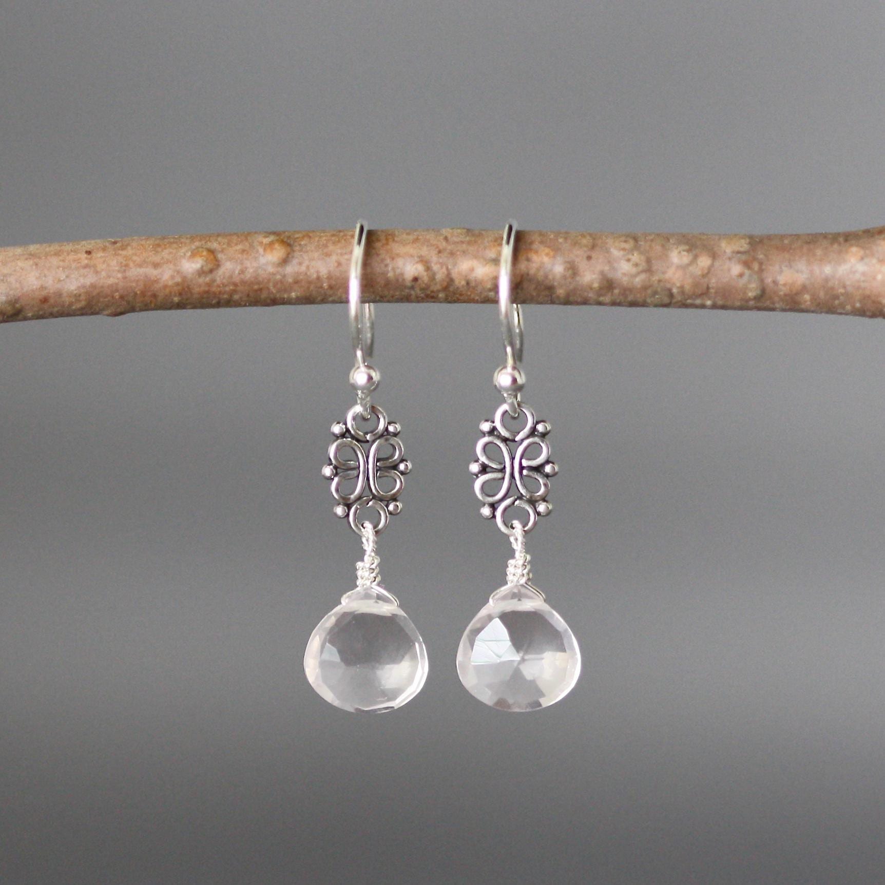 Rose Quartz Teardrop Earrings on Bali Sterling Silver Links