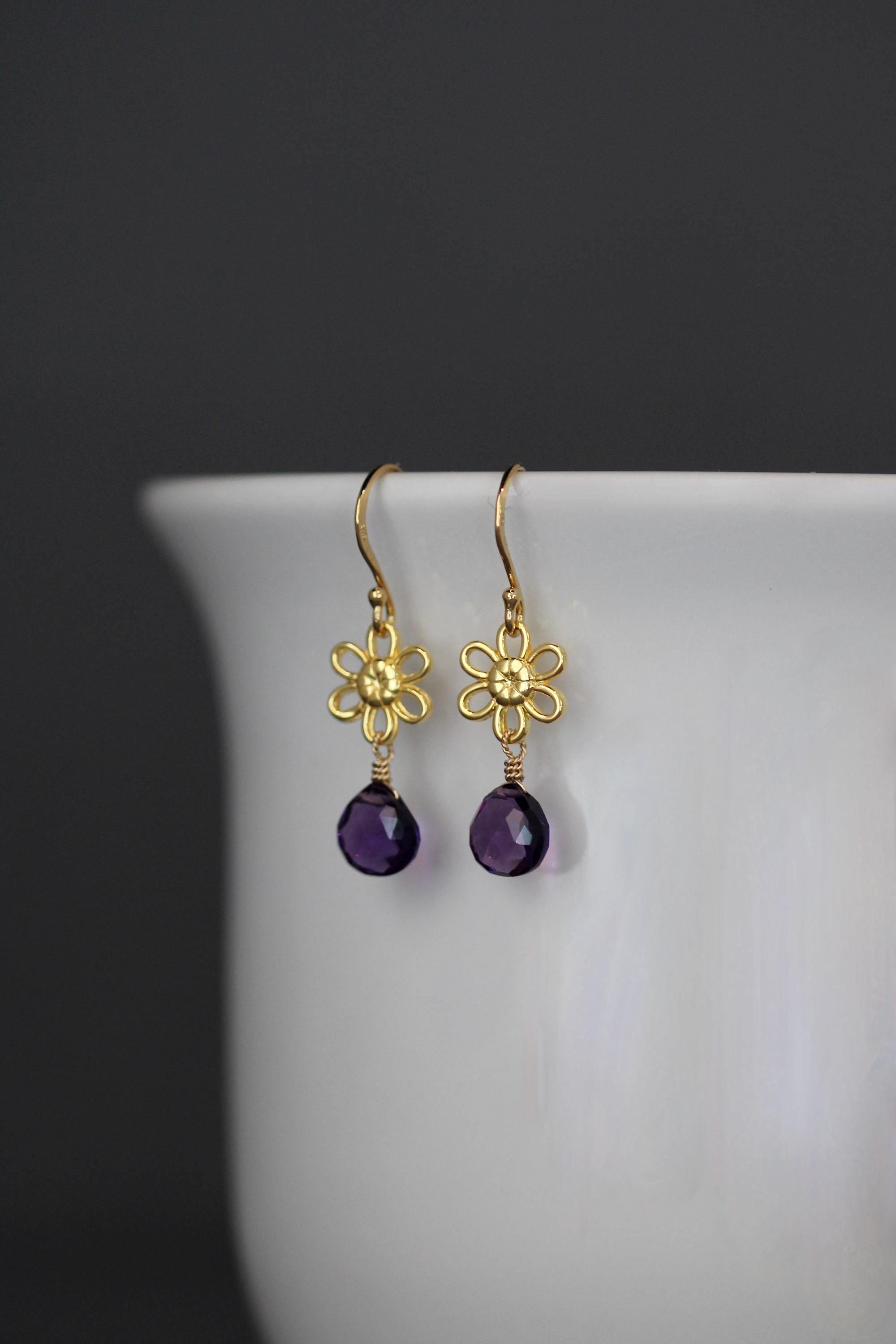 Amethyst Quartz Teardrop Earrings on Gold Vermeil Flower Links