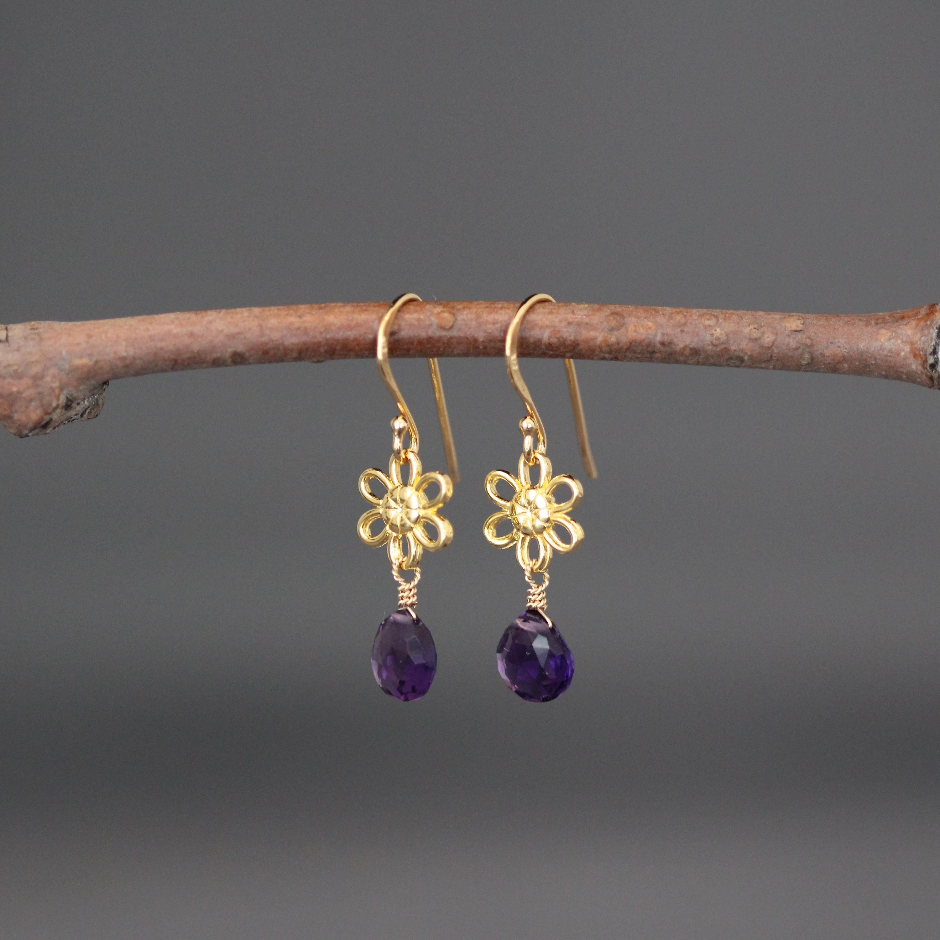 Amethyst Quartz Teardrop Earrings on Gold Vermeil Flower Links