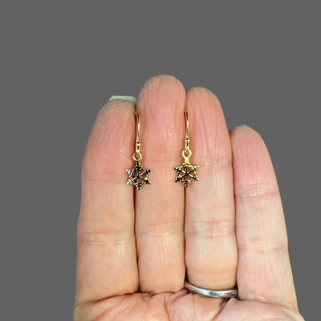 Petite Snowflake Charm Dangle Earrings in Gold Vermeil