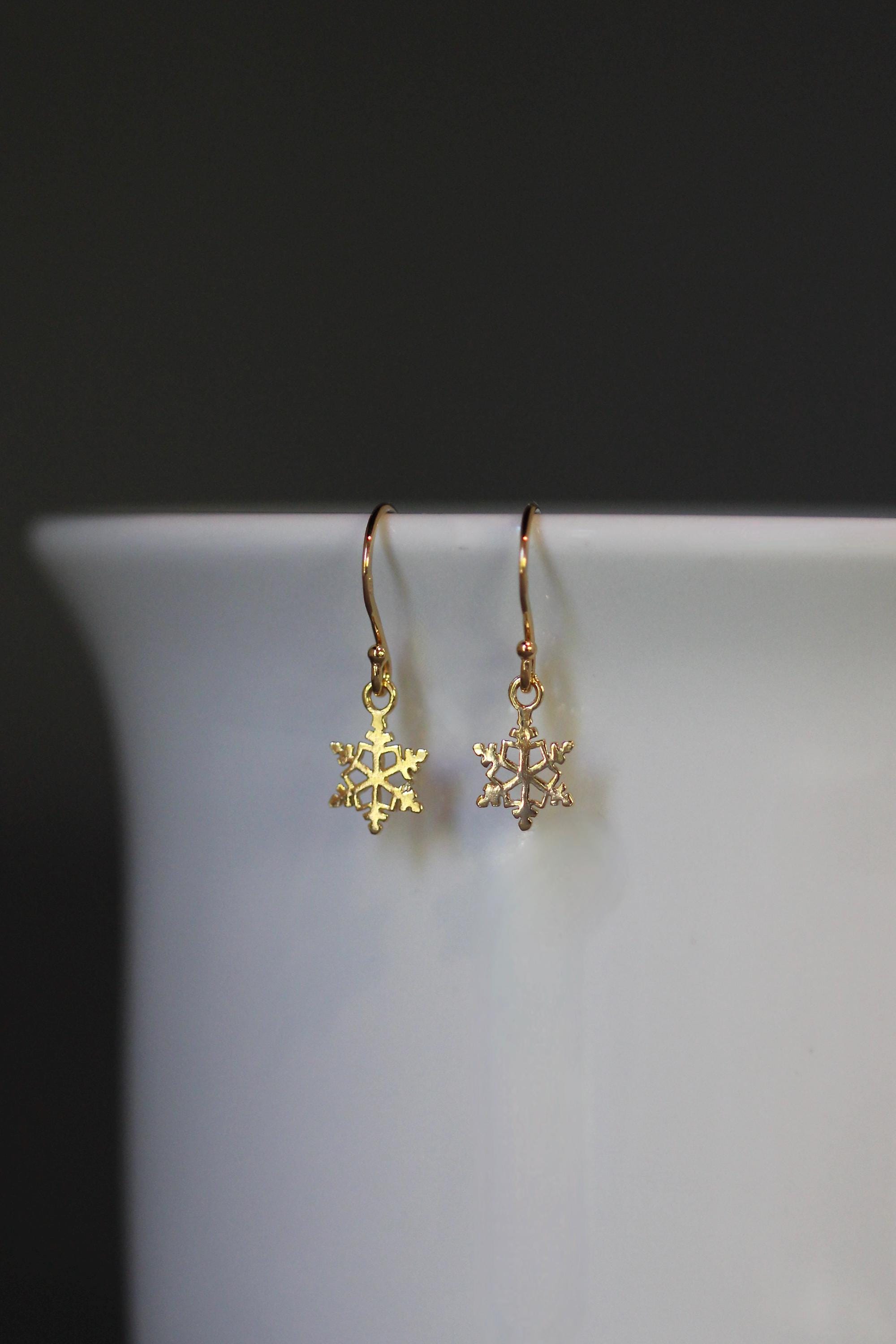 Petite Snowflake Charm Dangle Earrings in Gold Vermeil