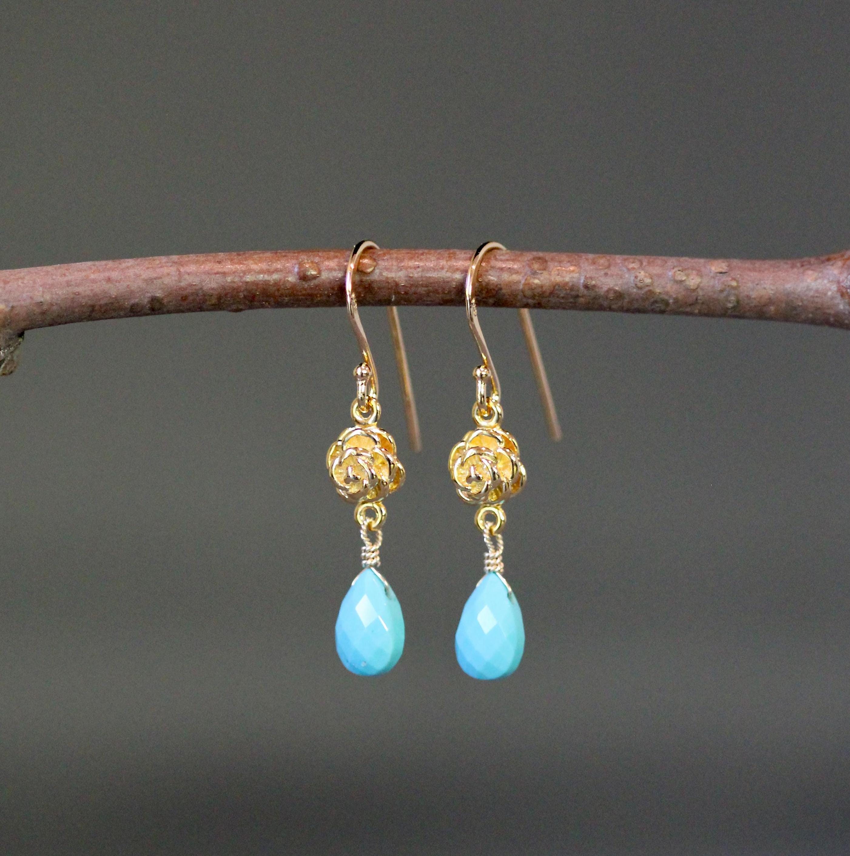 Blue Turquoise Teardrop Earrings on Gold Vermeil Flower Links