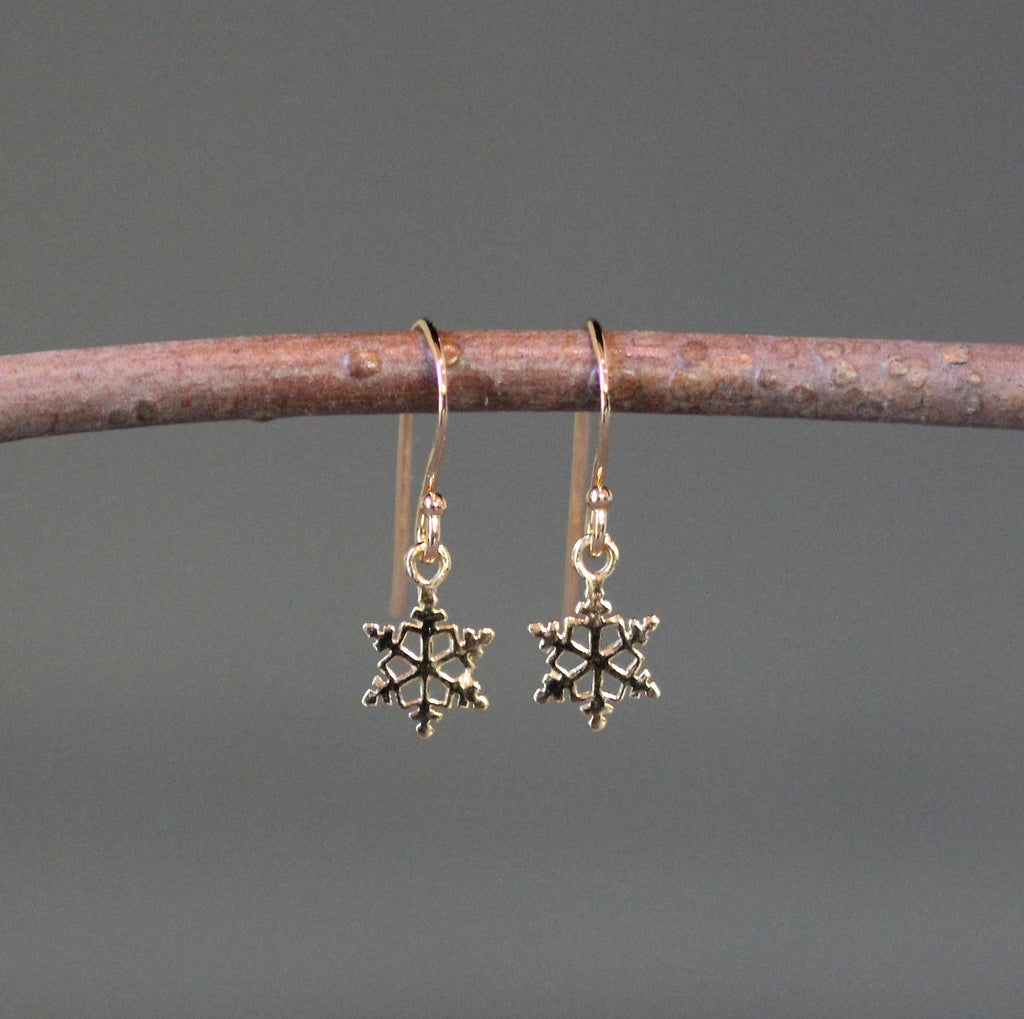 Petite Snowflake Charm Dangle Earrings in Gold Vermeil