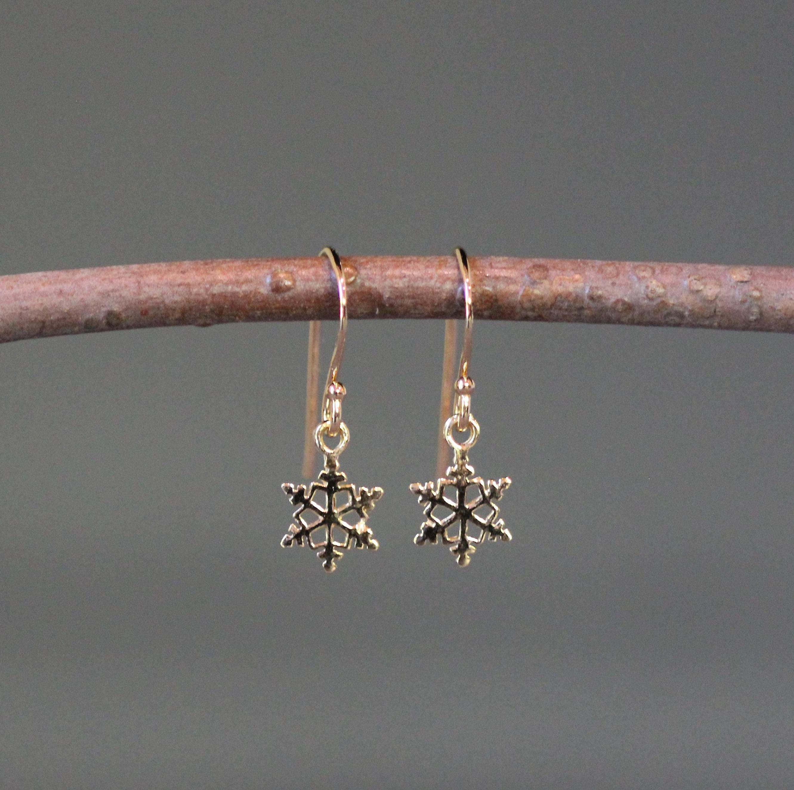 Petite Snowflake Charm Dangle Earrings in Gold Vermeil