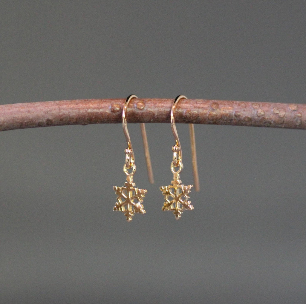 Petite Snowflake Charm Dangle Earrings in Gold Vermeil