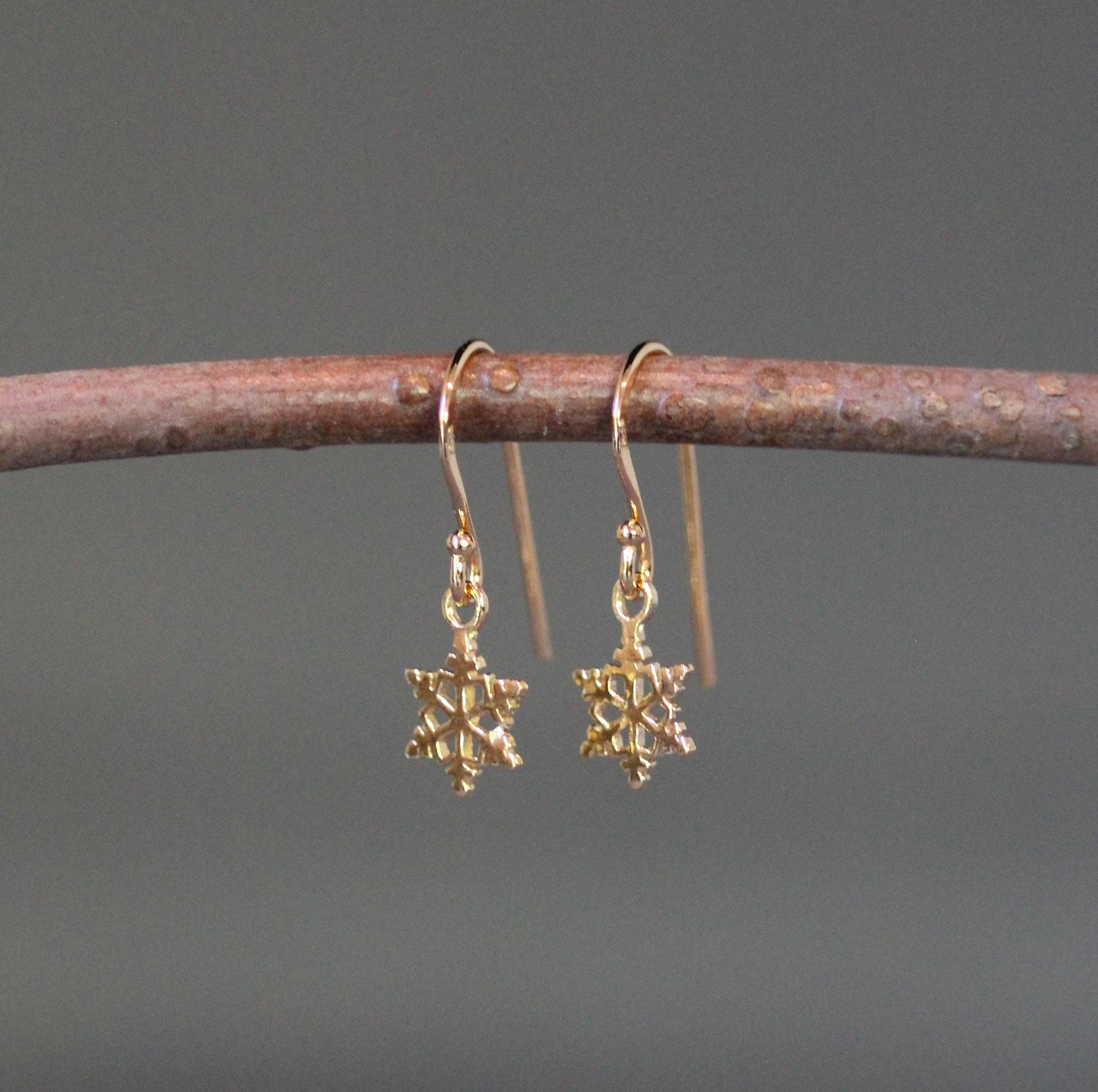 Petite Snowflake Charm Dangle Earrings in Gold Vermeil
