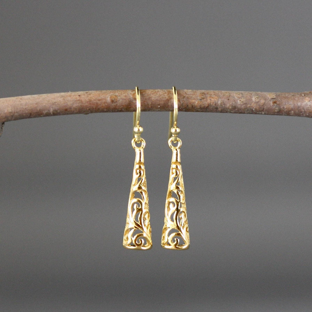 Gold Vermeil Long Filigree Drop Dangle Earrings