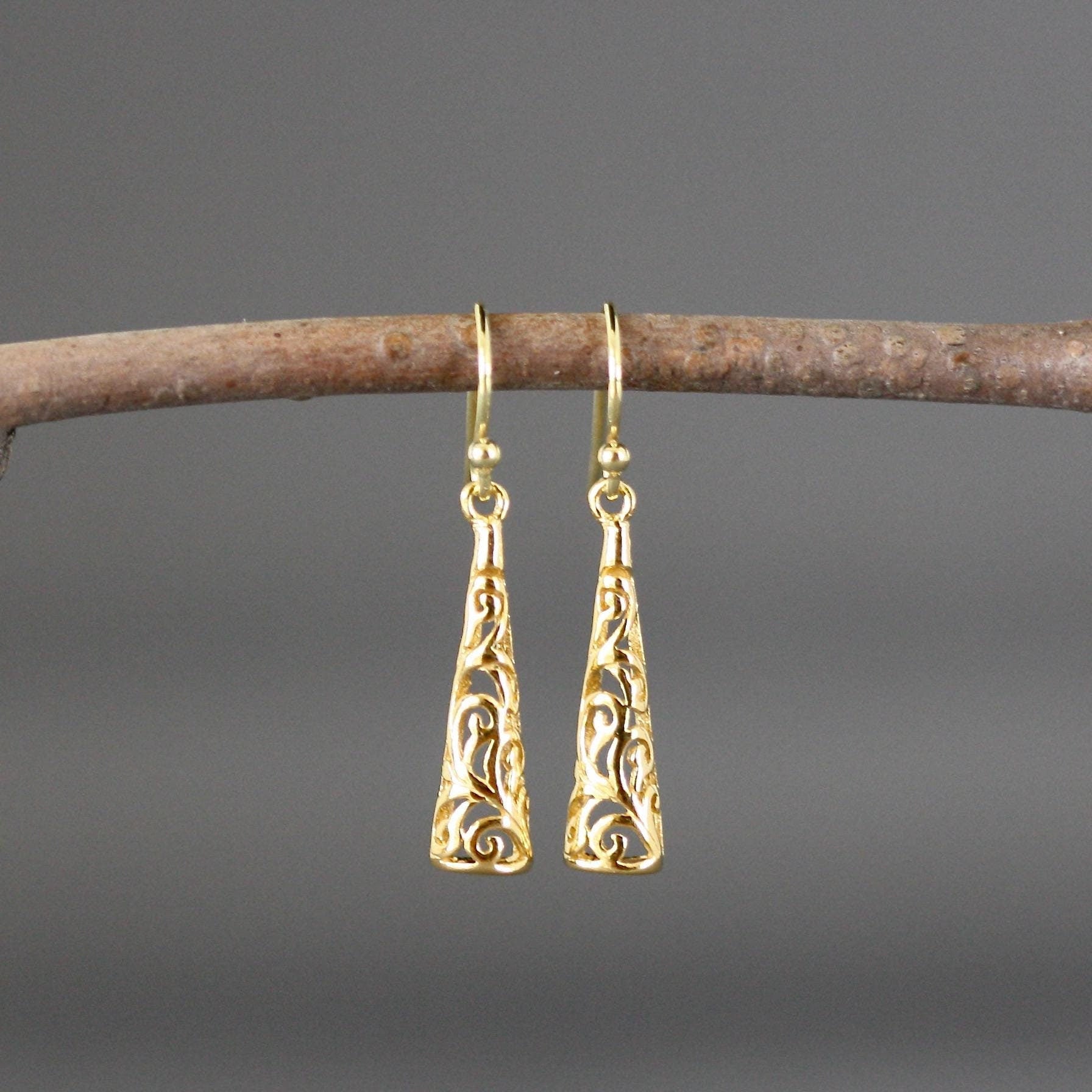 Gold Vermeil Long Filigree Drop Dangle Earrings
