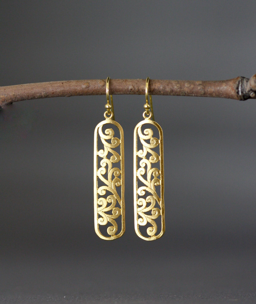 Long Matte Gold Vermeil Filigree Dangle Earrings I