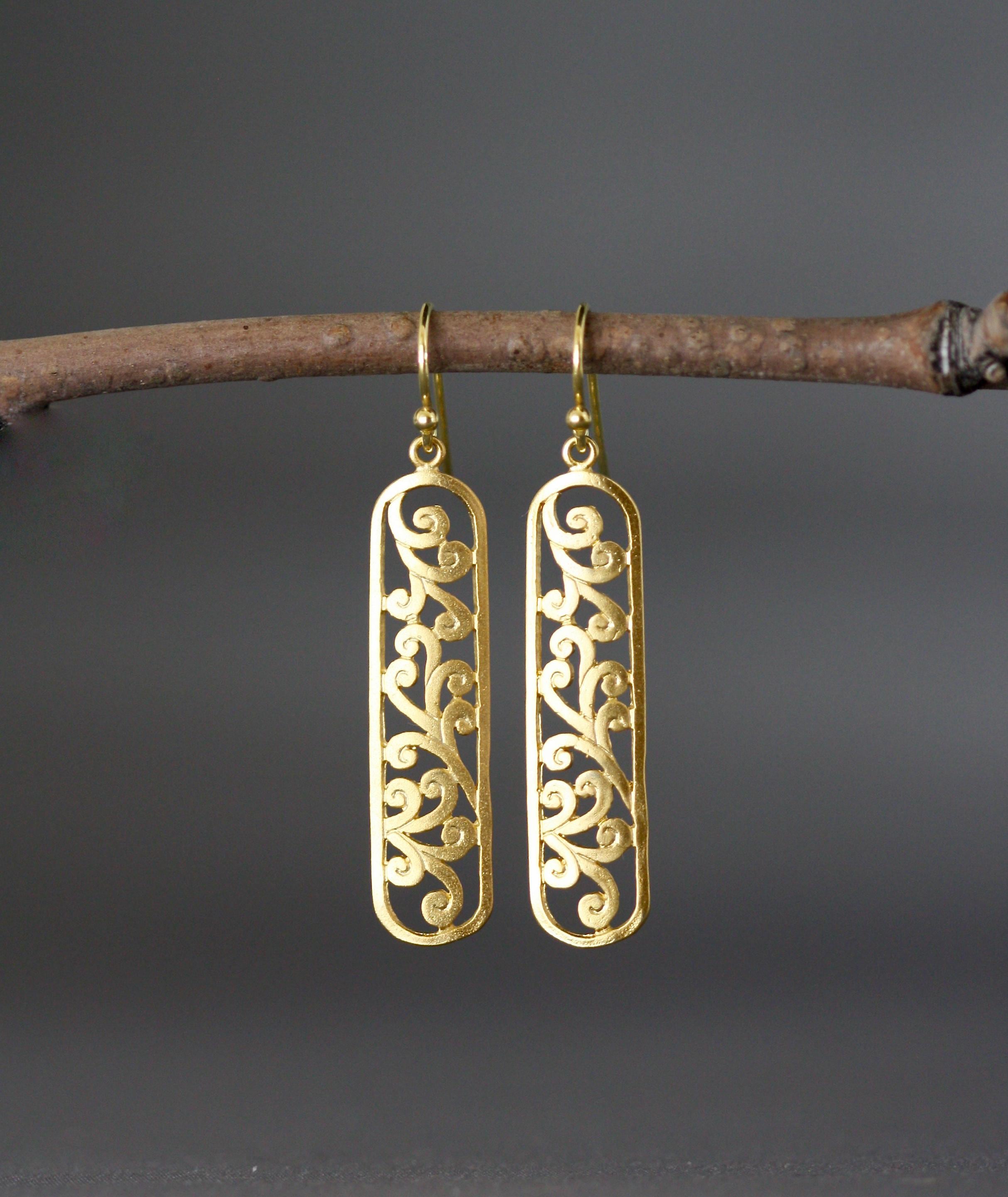 Long Matte Gold Vermeil Filigree Dangle Earrings I