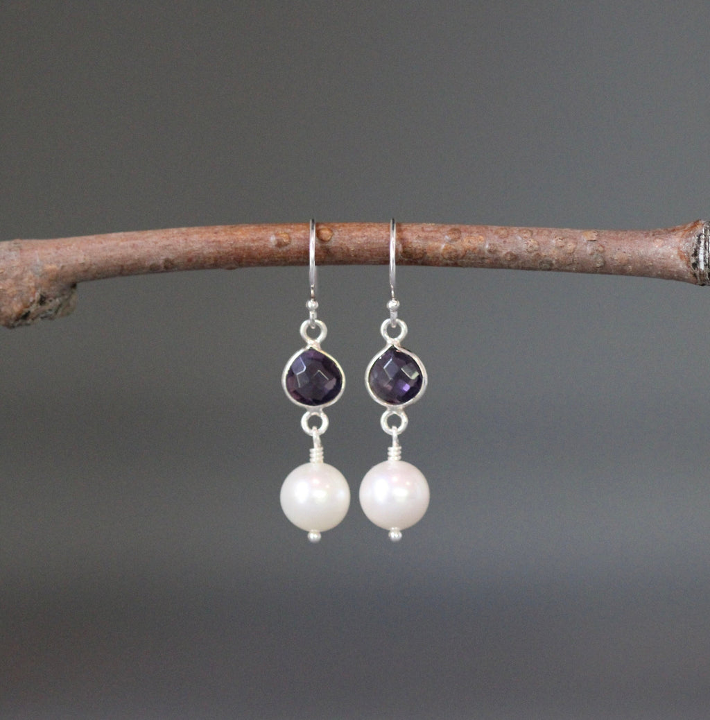 Freshwater Pearl and Amethyst Quartz Bezel Dangle Earrings