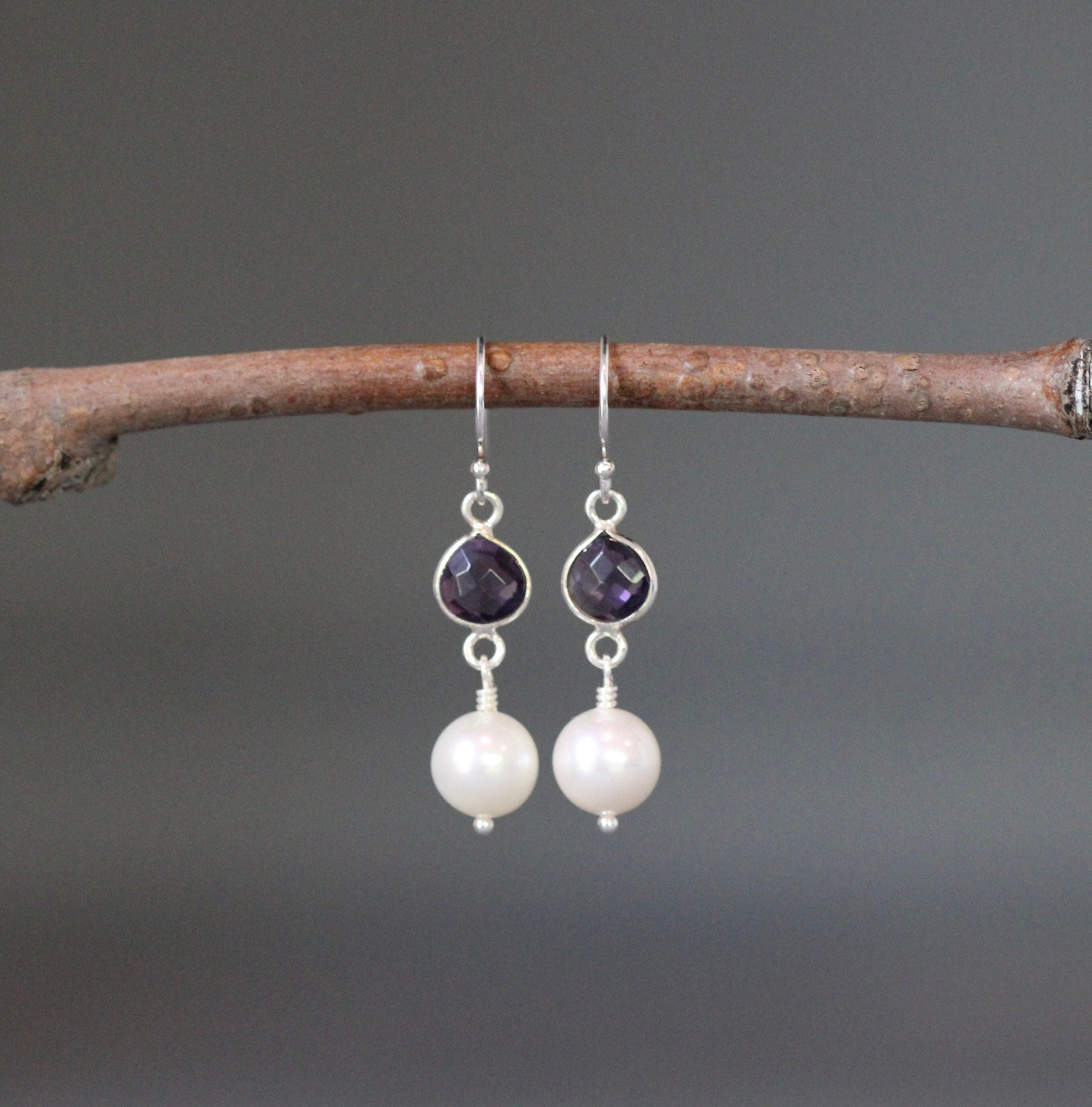 Freshwater Pearl and Amethyst Quartz Bezel Dangle Earrings