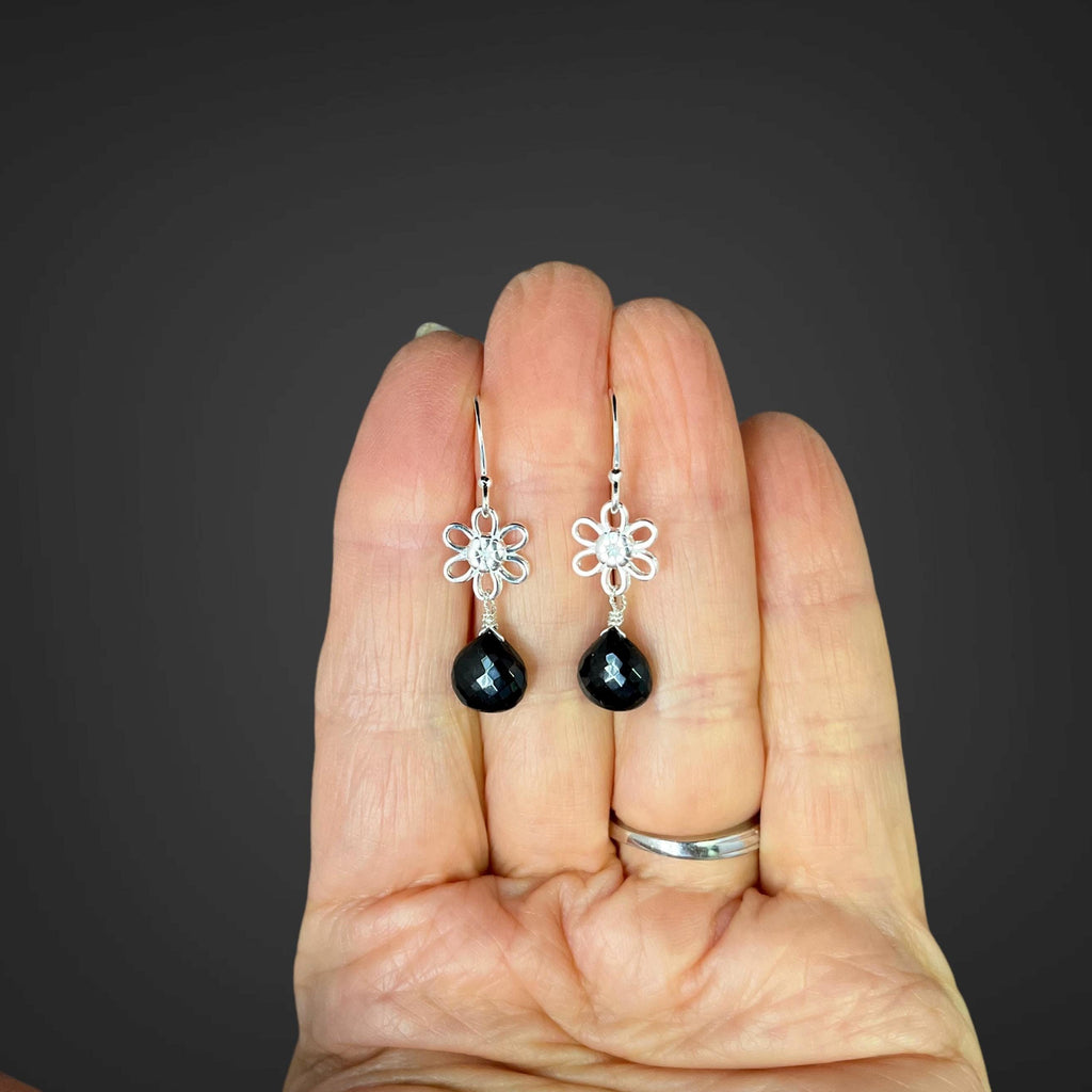Black Spinel Teardrop Earrings on Bali Sterling Silver Flower Links
